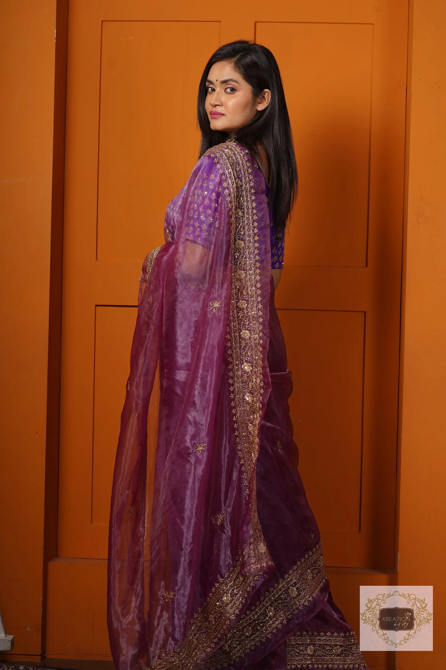 Purple Glass Tissue Zarina Saree kreationbykj
