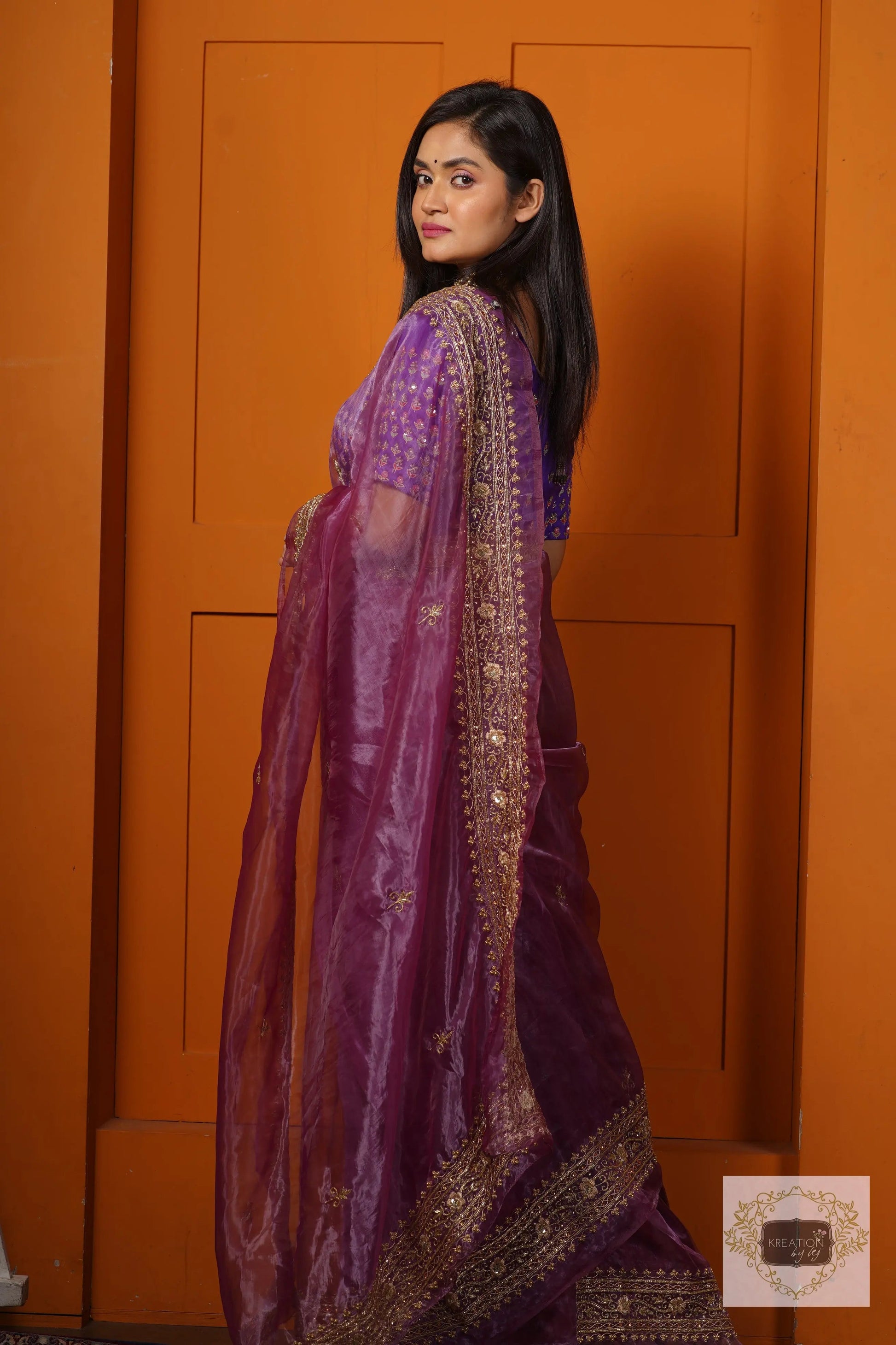 Purple Glass Tissue Zarina Saree kreationbykj