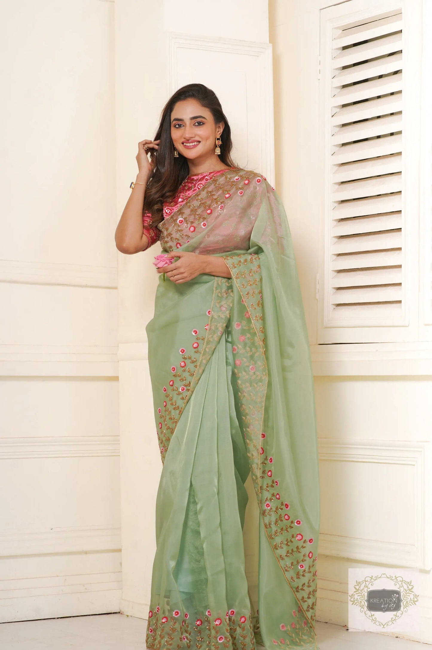 Blooming Daisies Mint Organza Saree kreationbykj