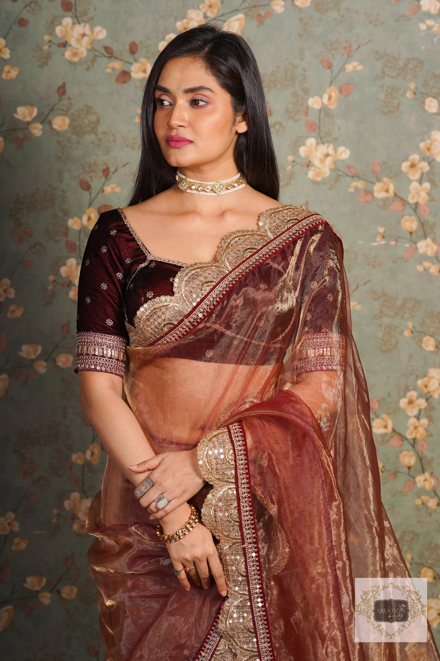 Golden Chocolate Glass Tissue Mehraab Border Saree kreationbykj