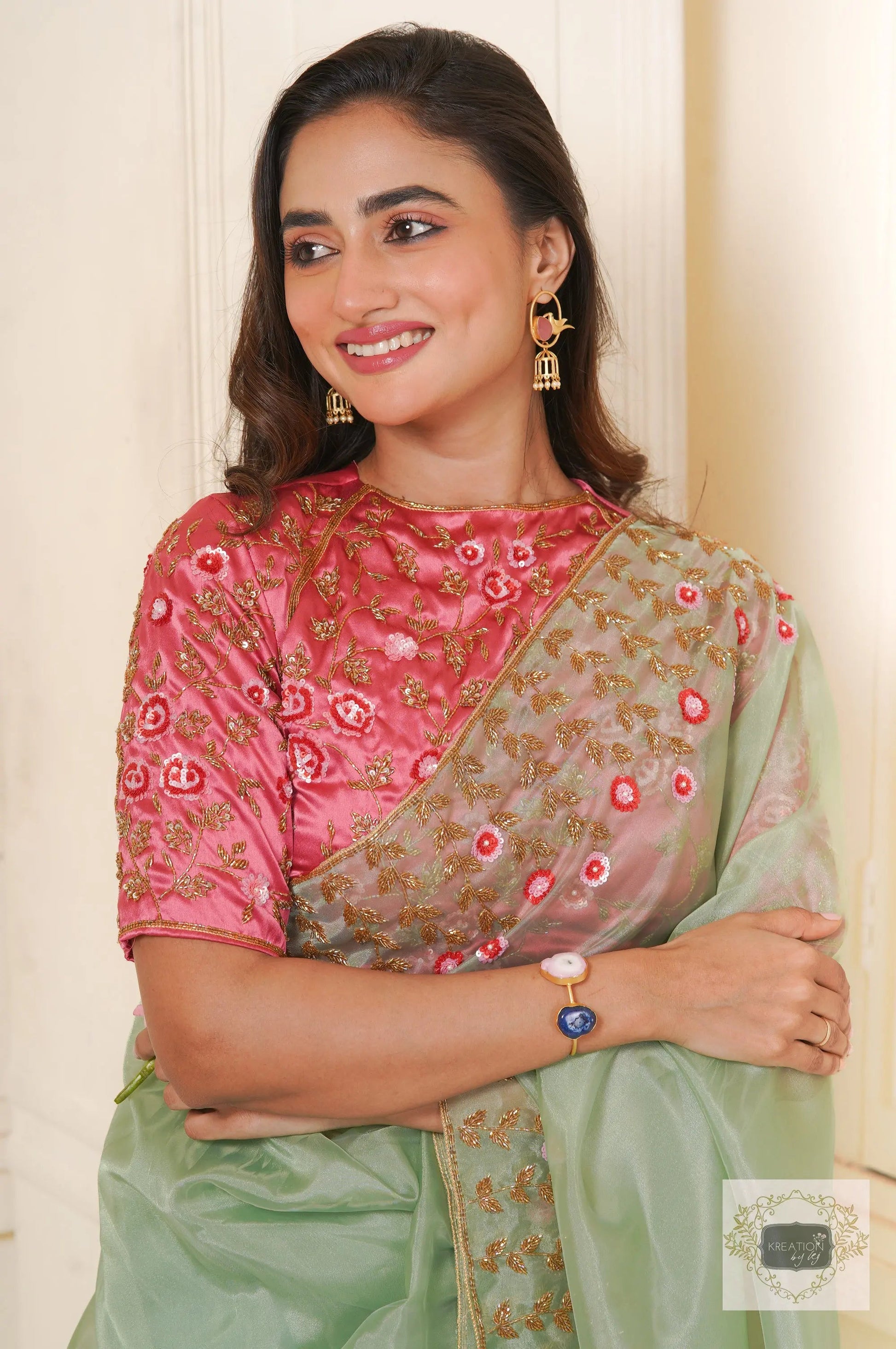 Blooming Daisies Mint Organza Saree kreationbykj