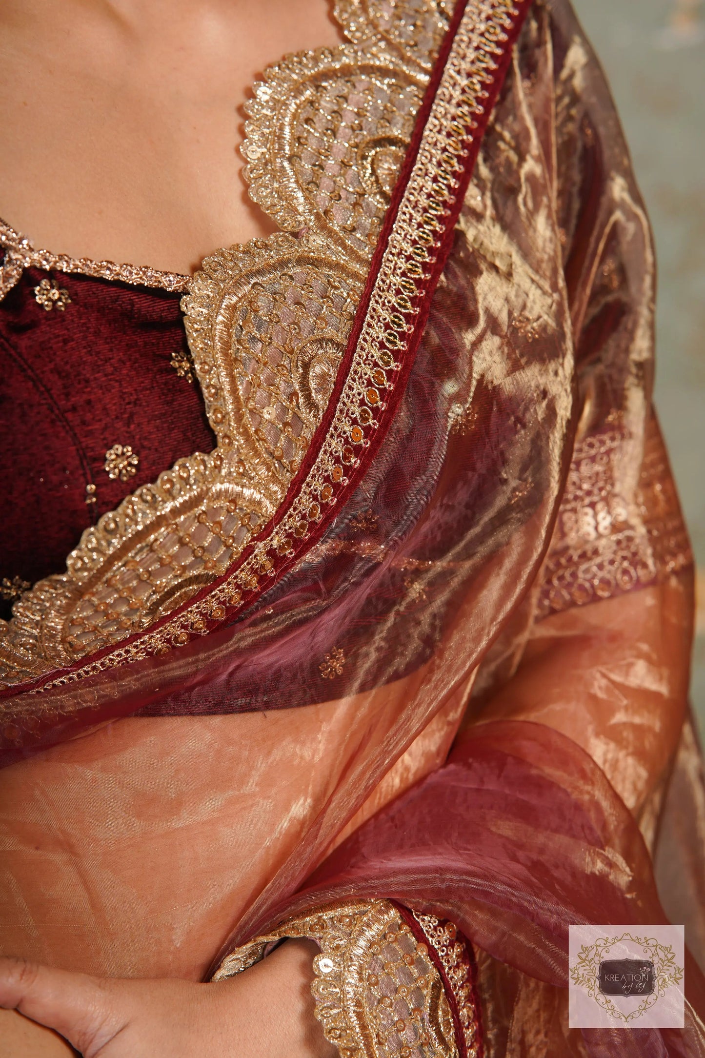Golden Chocolate Glass Tissue Mehraab Border Saree kreationbykj