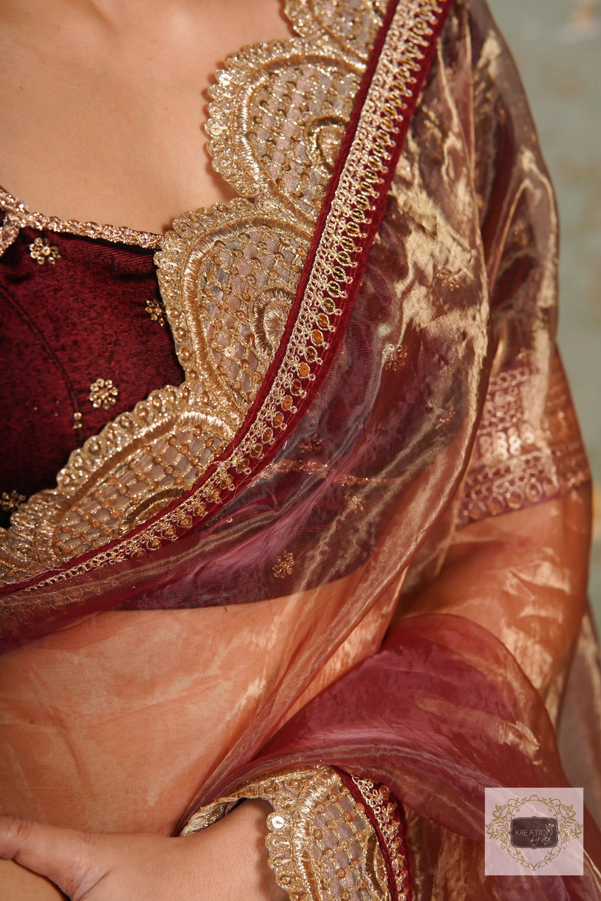 Golden Chocolate Glass Tissue Mehraab Border Saree kreationbykj