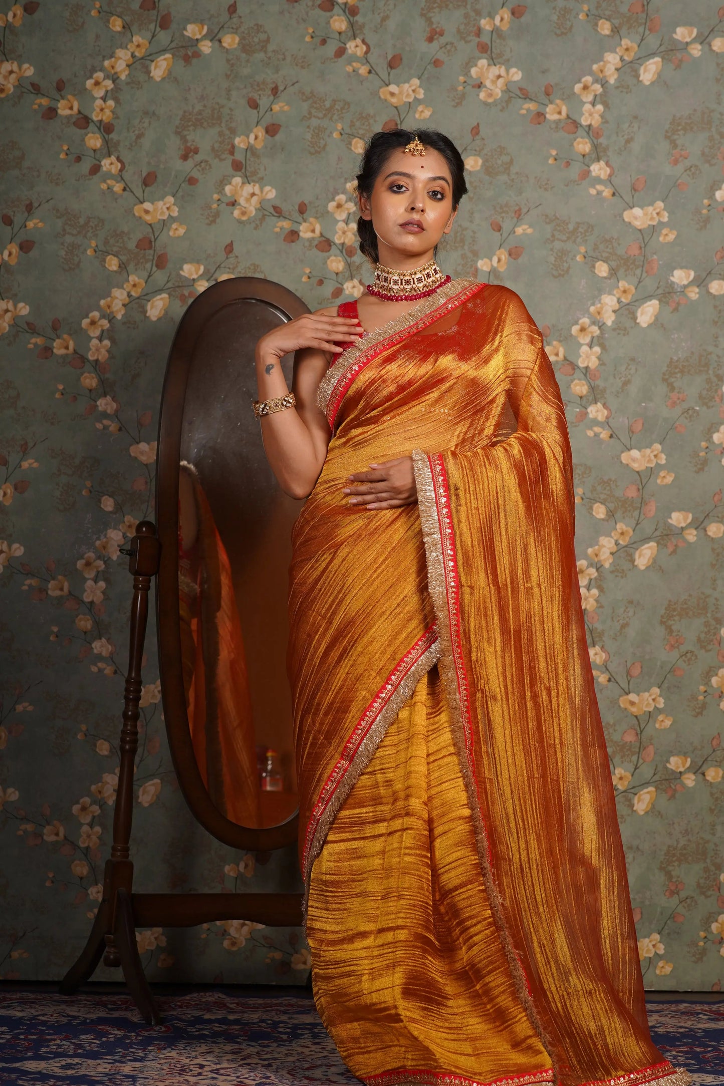 Fiery Gold Zari Tissue Banno Saree kreationbykj
