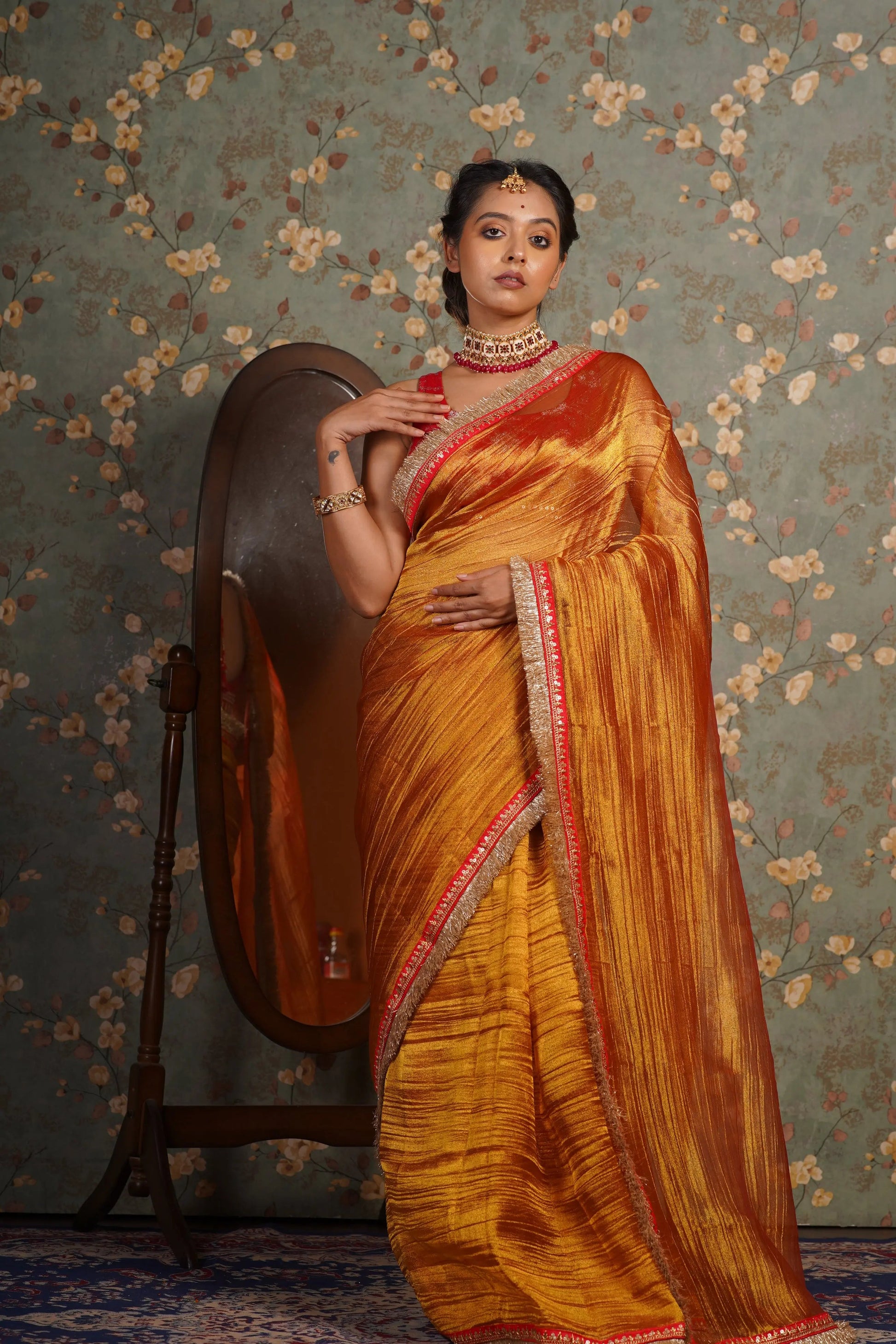 Fiery Gold Zari Tissue Banno Saree kreationbykj