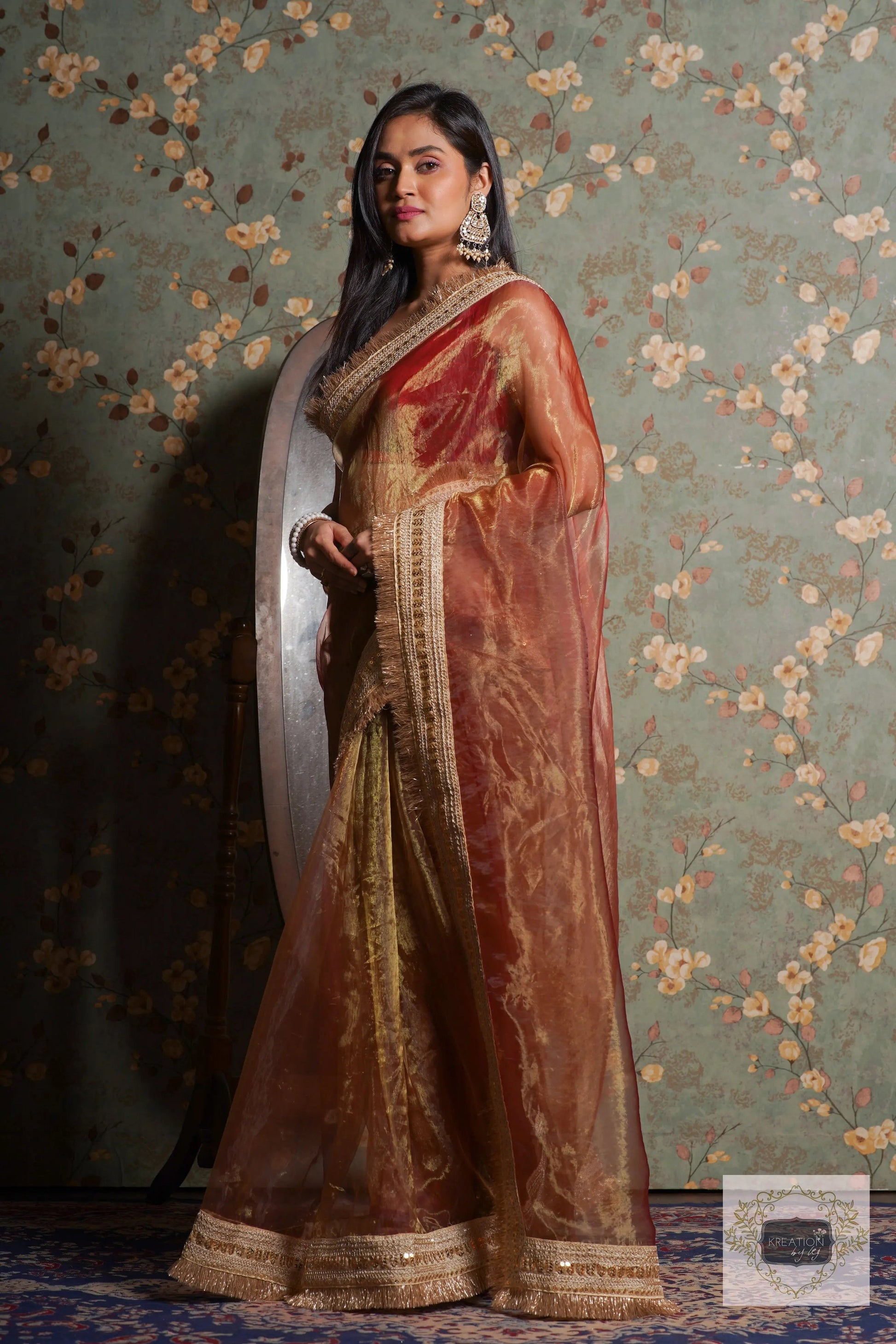 Green Tea Glass Tissue Banno Saree kreationbykj