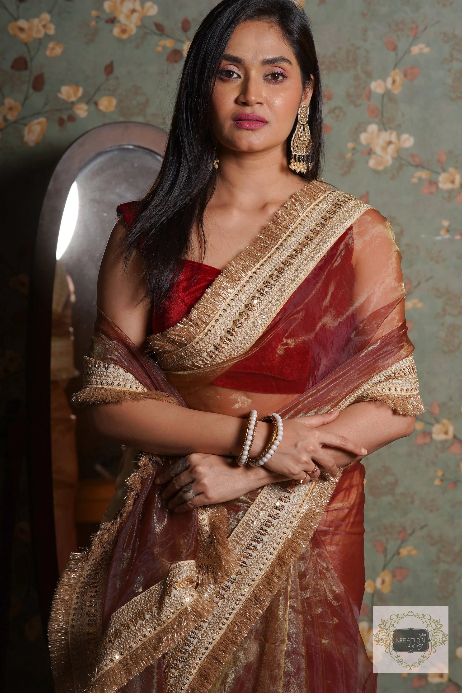 Green Tea Glass Tissue Banno Saree kreationbykj