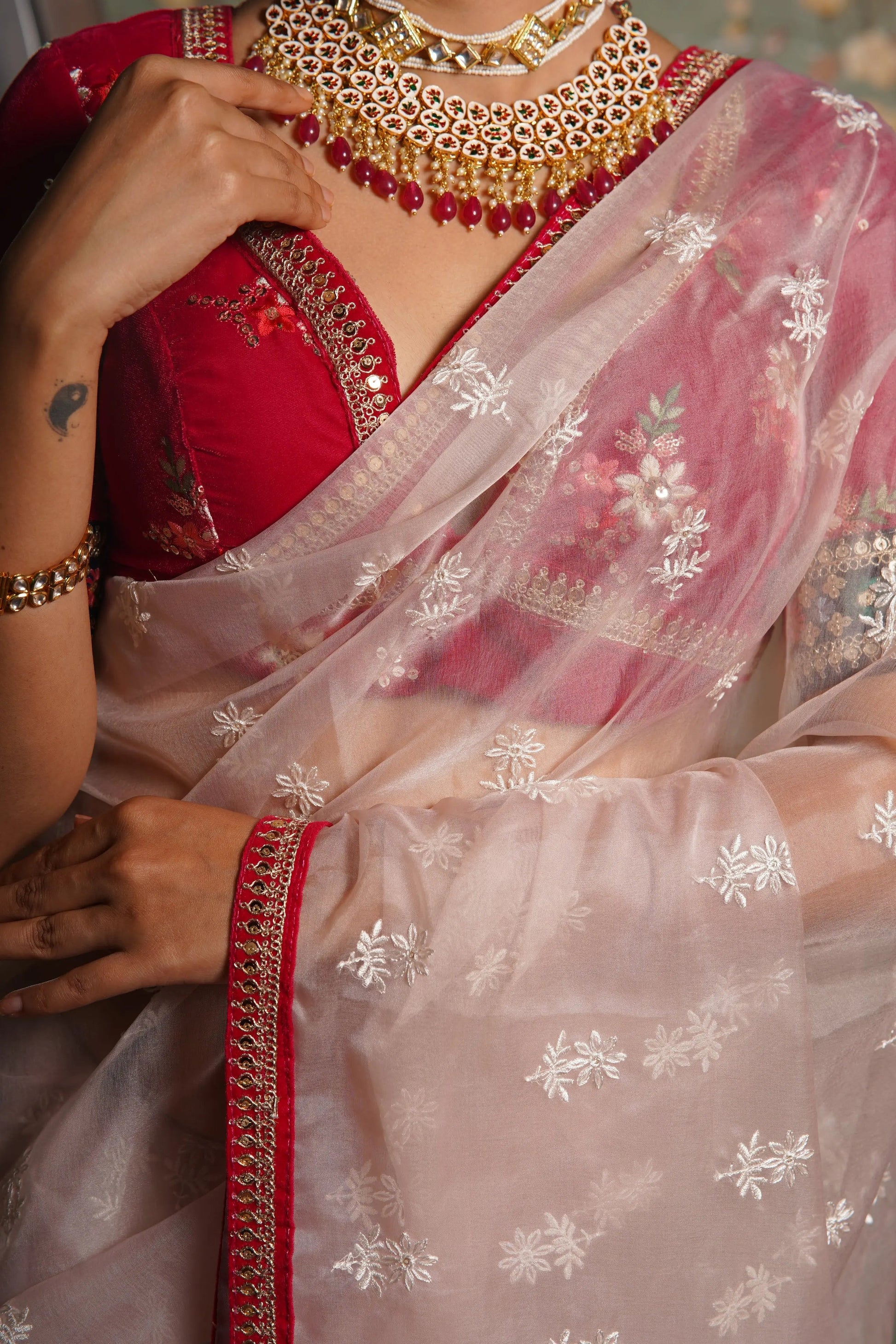 Blush Pink Organza Saree with Rani Pink Border kreationbykj