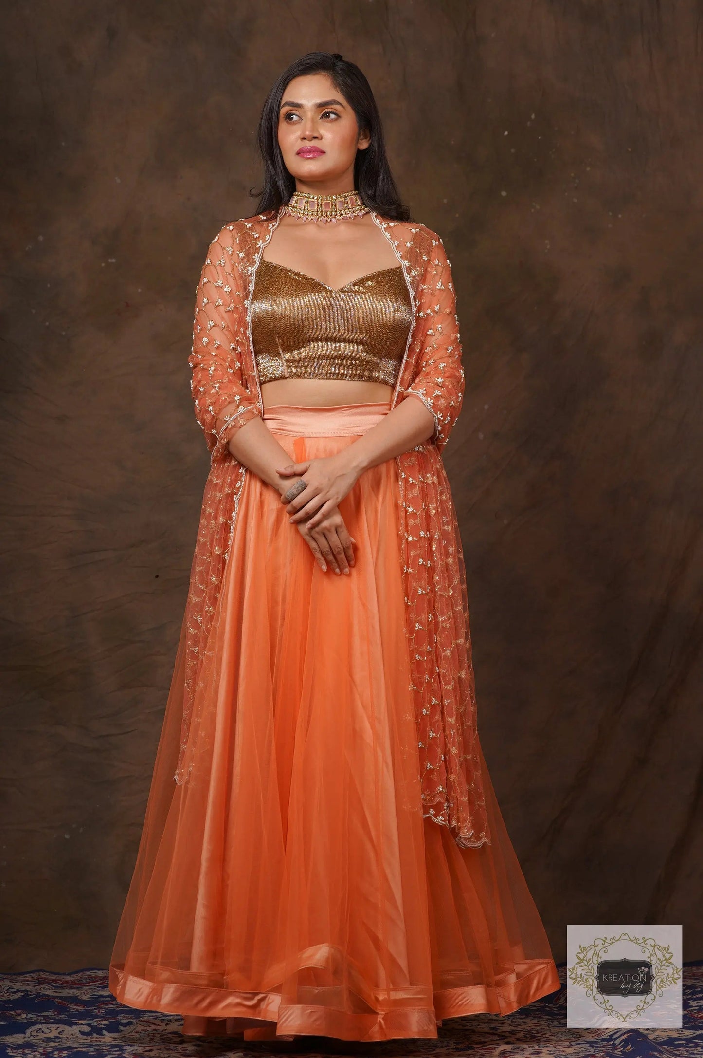 Coral Handembroidered Double Flared Lehenga Set kreationbykj