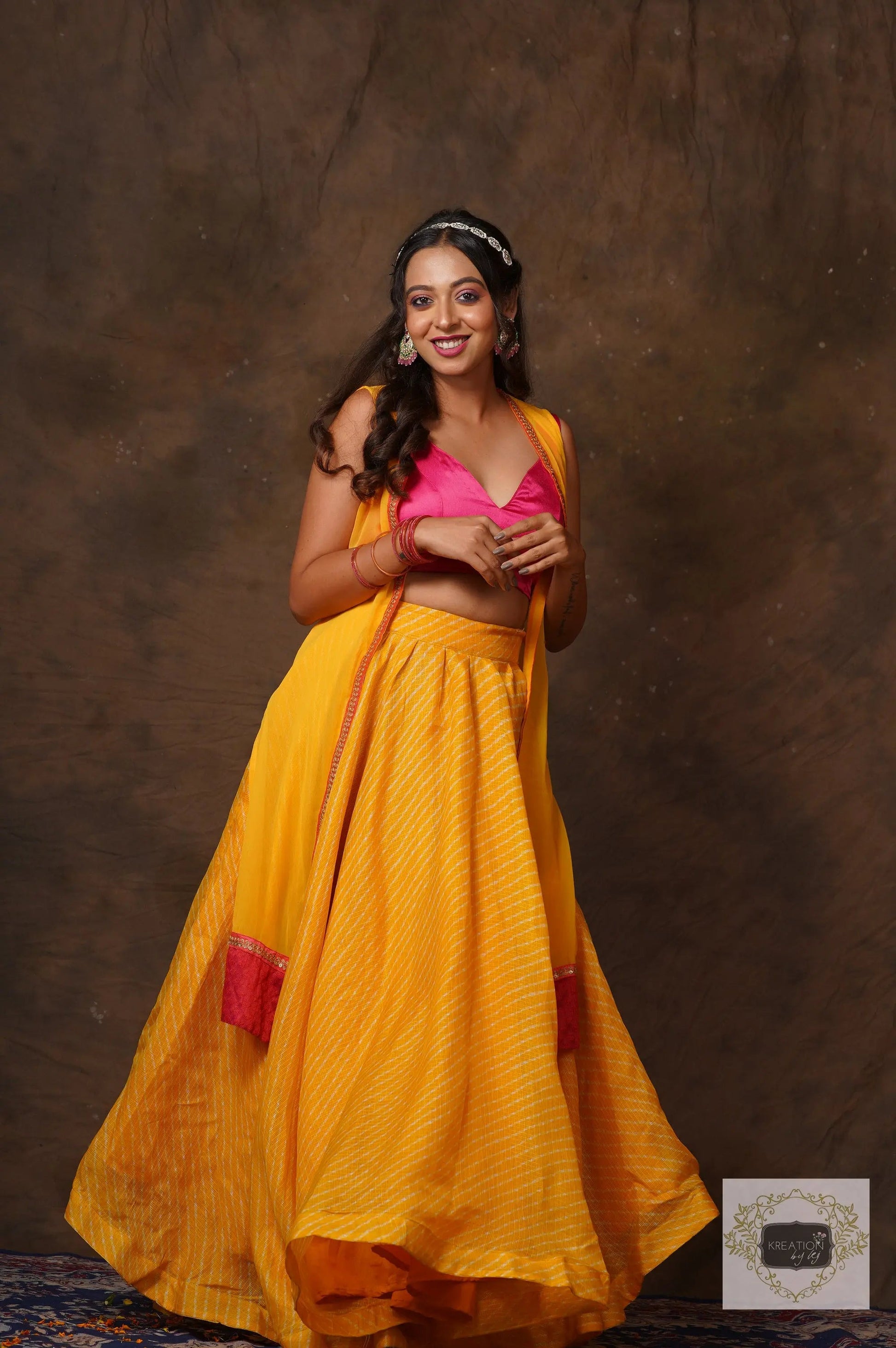 Yellow Leheriya Lehenga Set kreationbykj