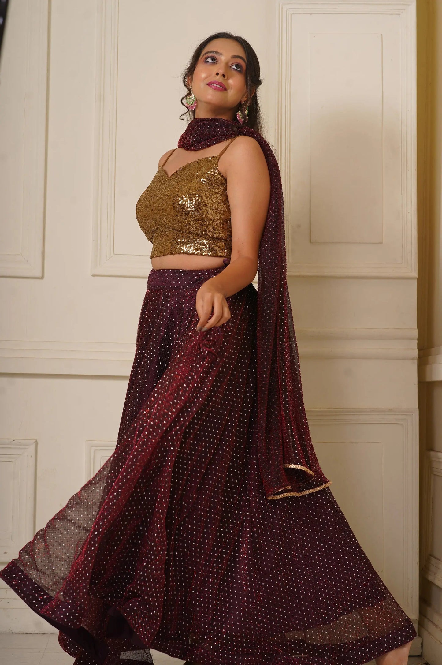 Maroon Wine Cocktail Flared Lehenga Set kreationbykj