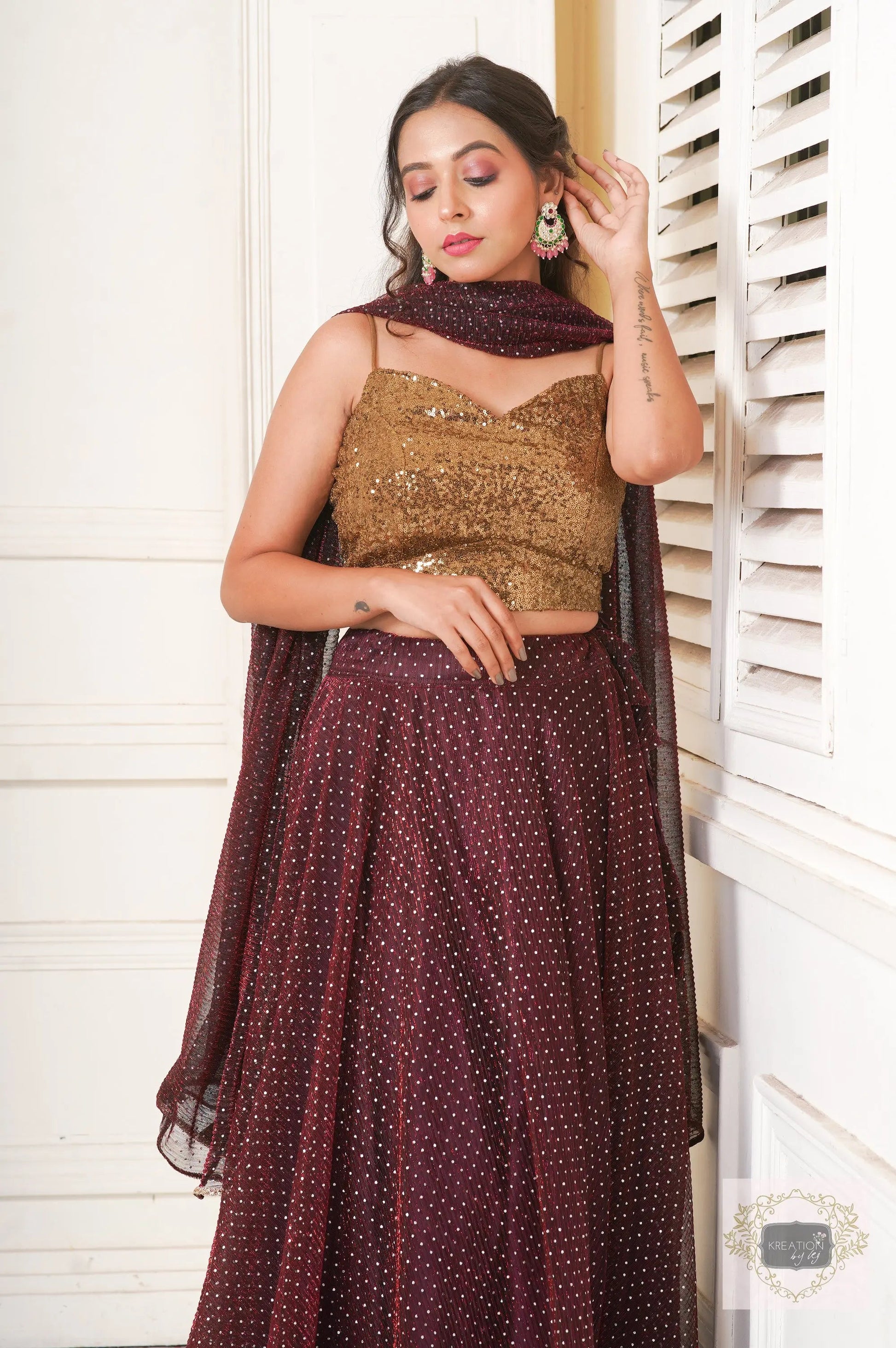 Maroon Wine Cocktail Flared Lehenga Set kreationbykj
