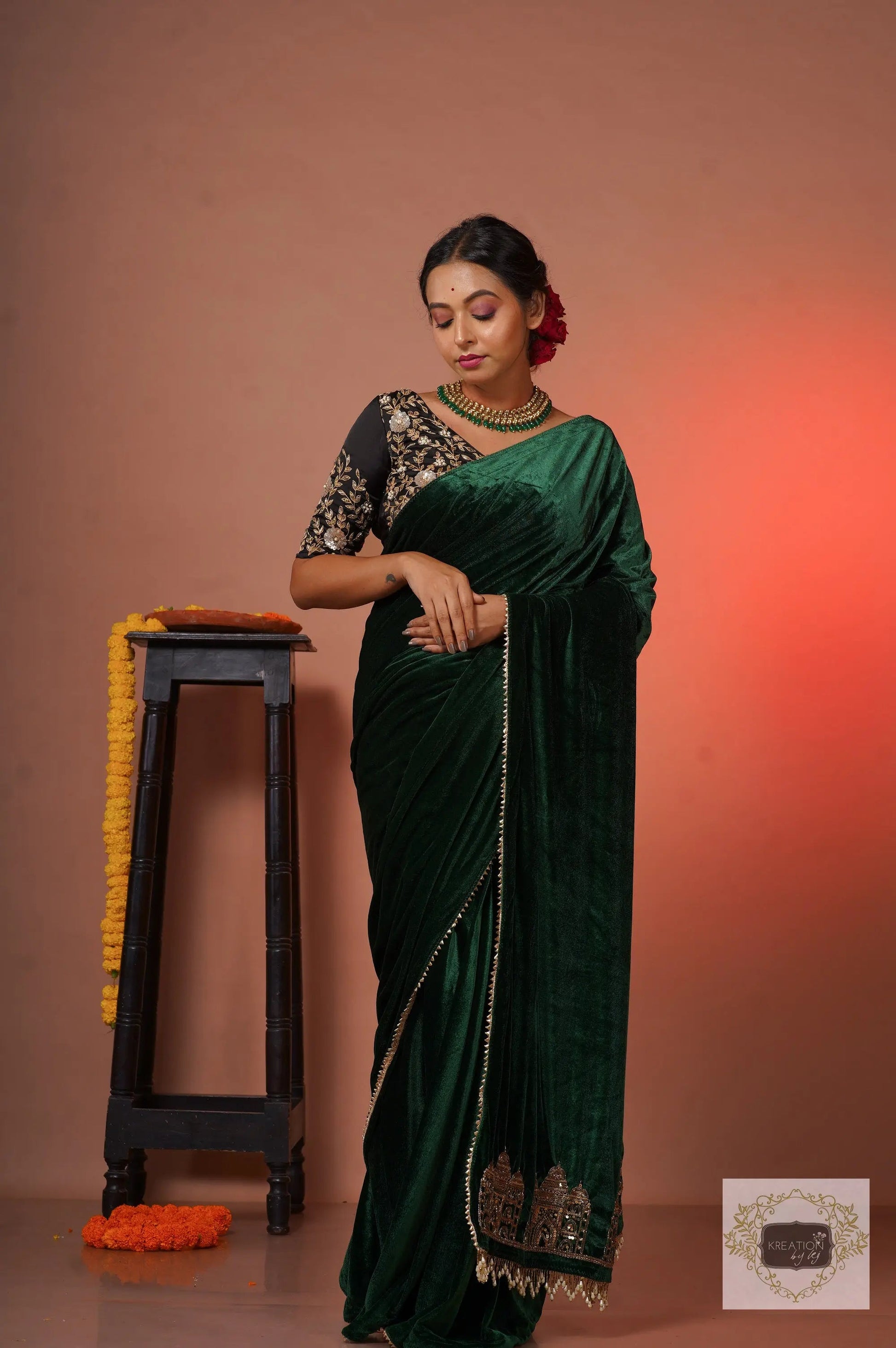 Green Velvet Taj Mahal Saree kreationbykj