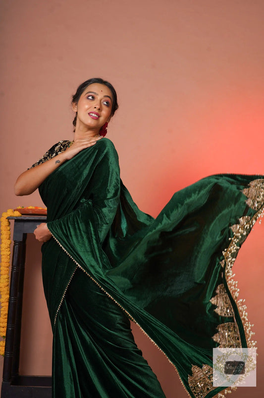 Green Velvet Taj Mahal Saree kreationbykj