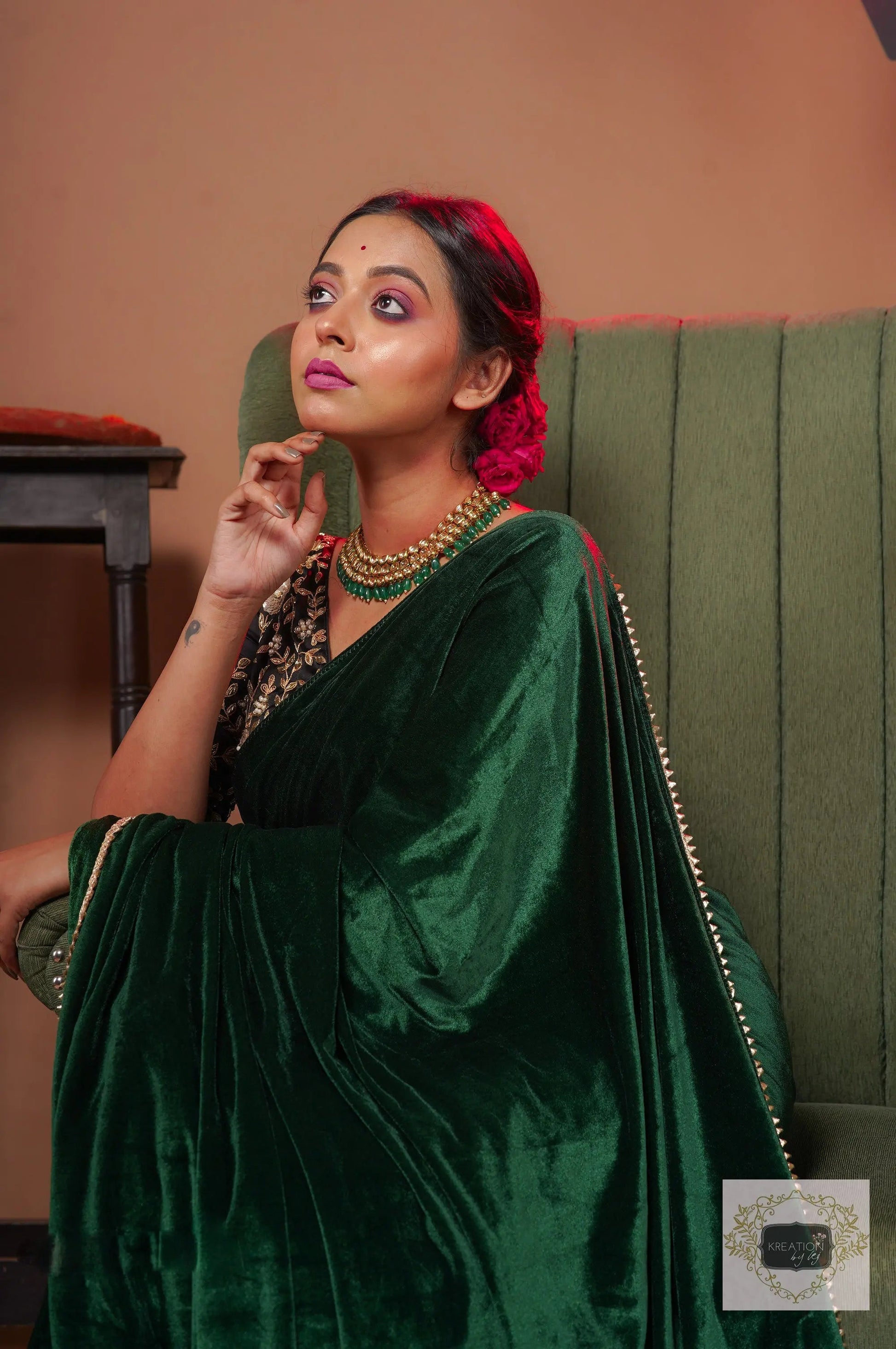 Green Velvet Taj Mahal Saree kreationbykj