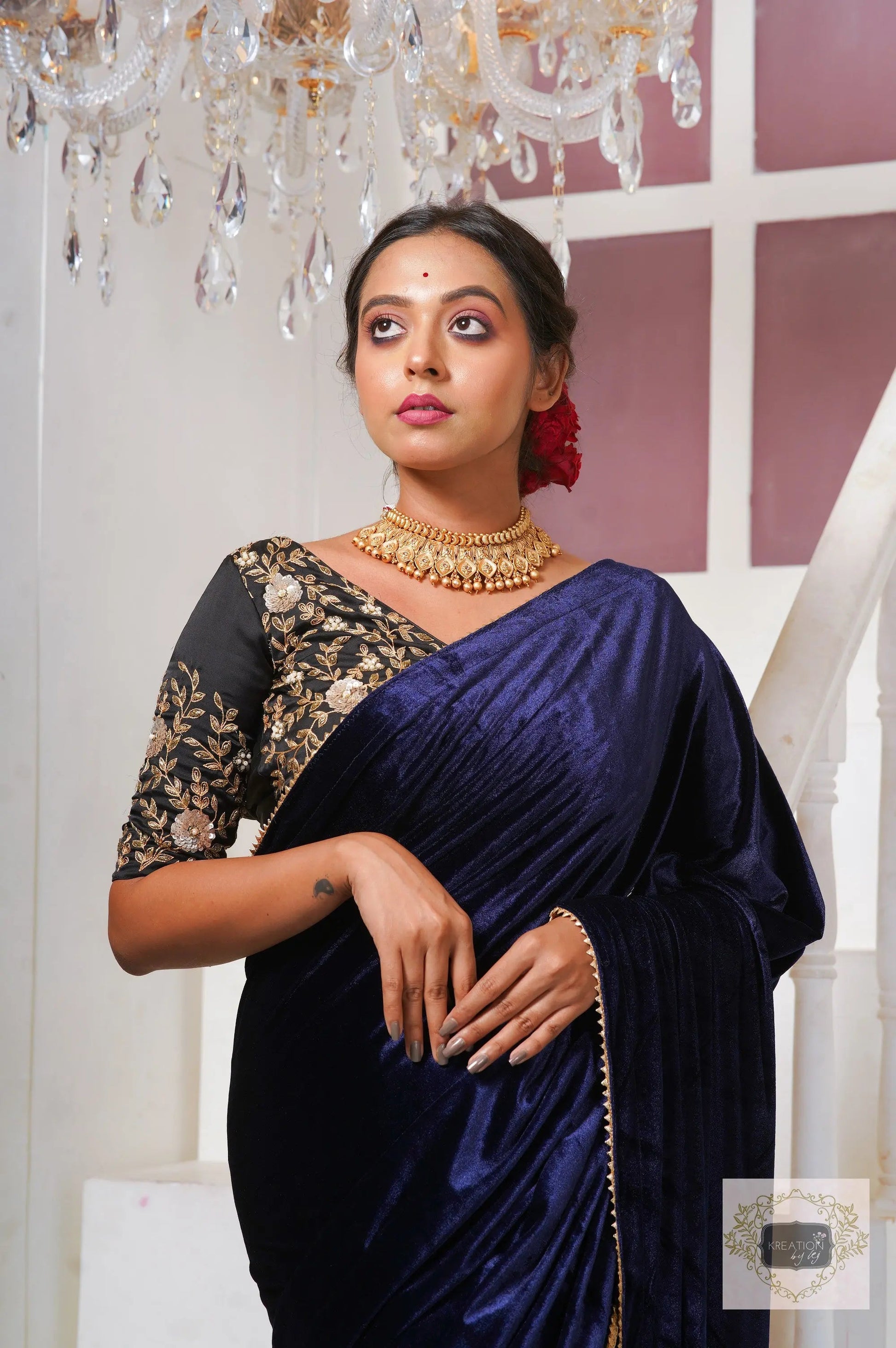 Navy Blue Velvet Taj Mahal Saree kreationbykj