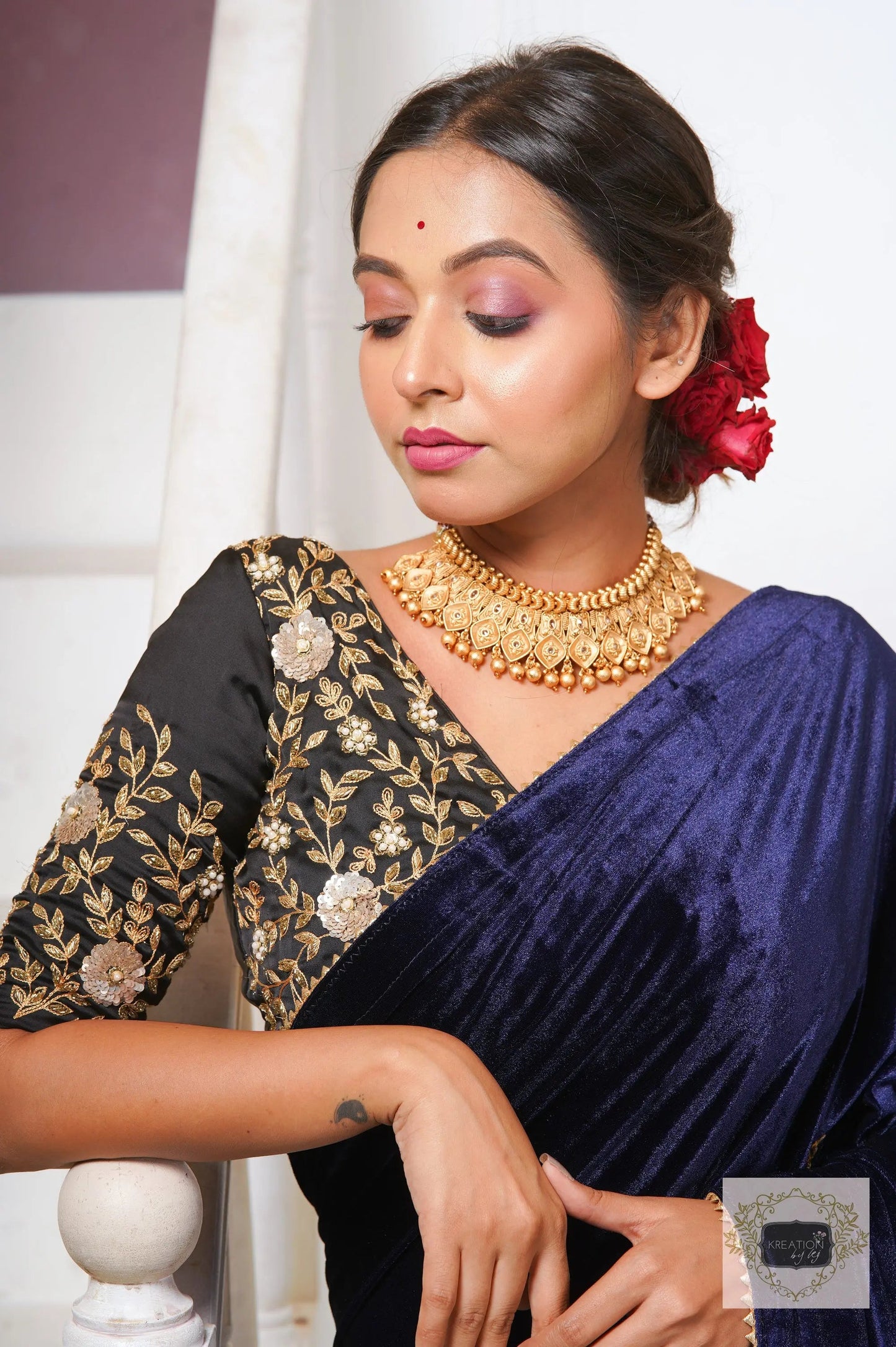 Navy Blue Velvet Taj Mahal Saree kreationbykj