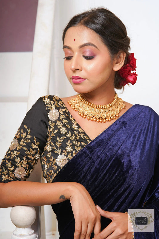 Navy Blue Velvet Taj Mahal Saree kreationbykj