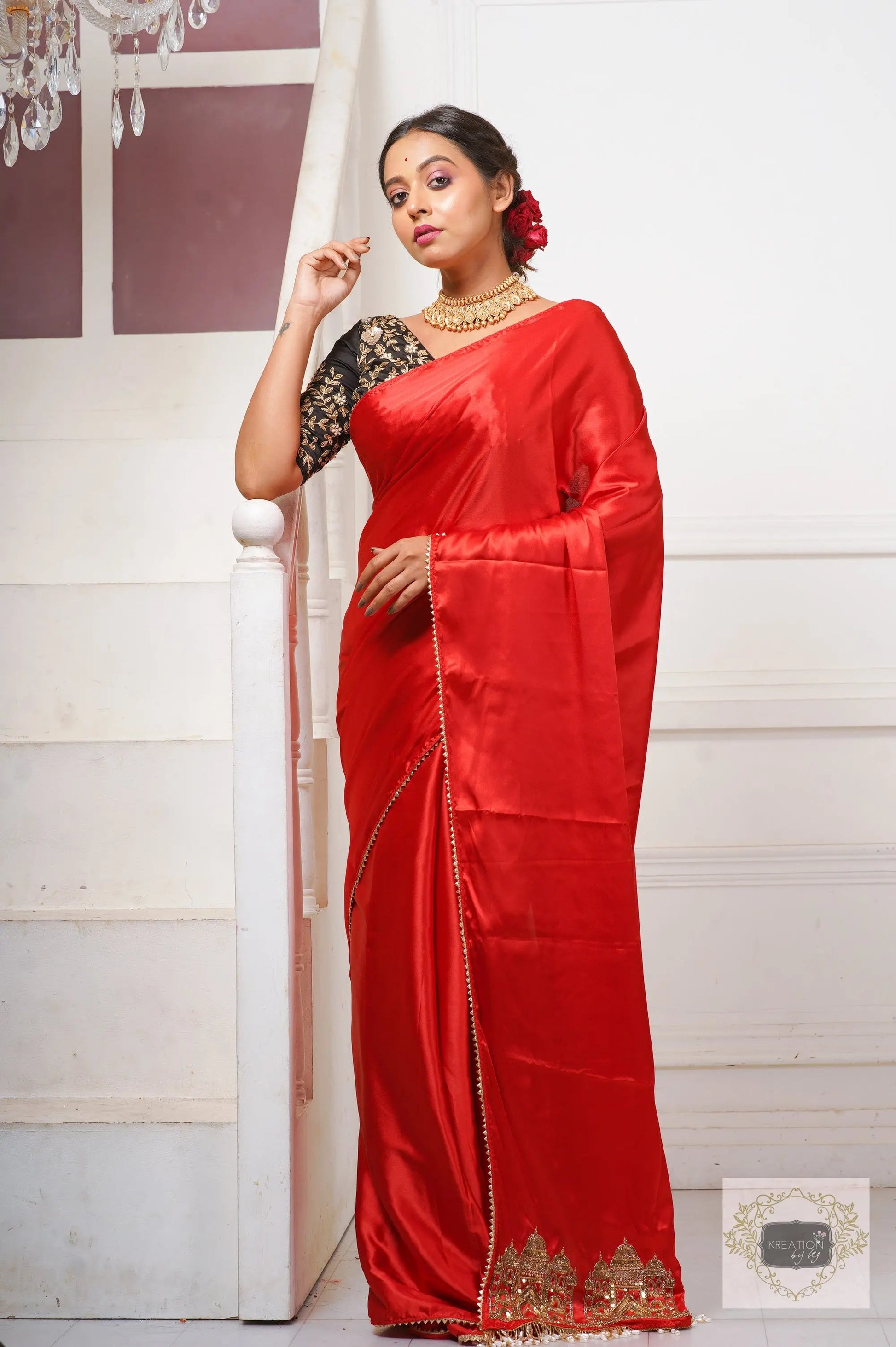 Red Satin Silk Taj Mahal Saree kreationbykj