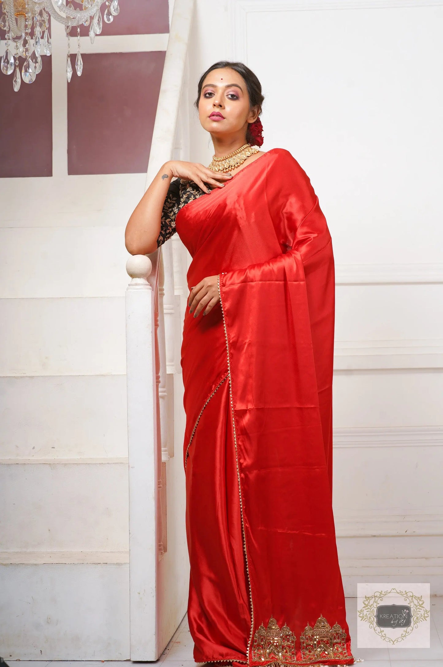 Red Satin Silk Taj Mahal Saree kreationbykj