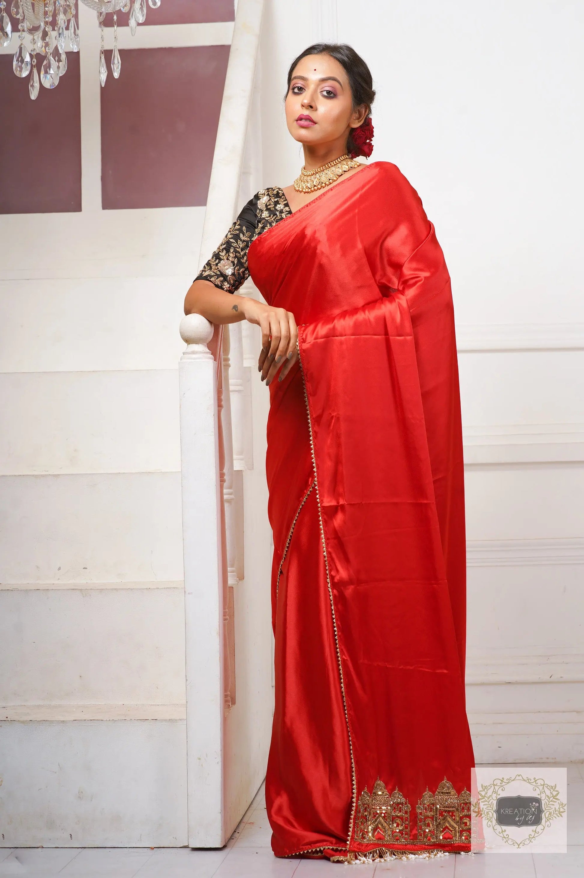 Red Satin Silk Taj Mahal Saree kreationbykj