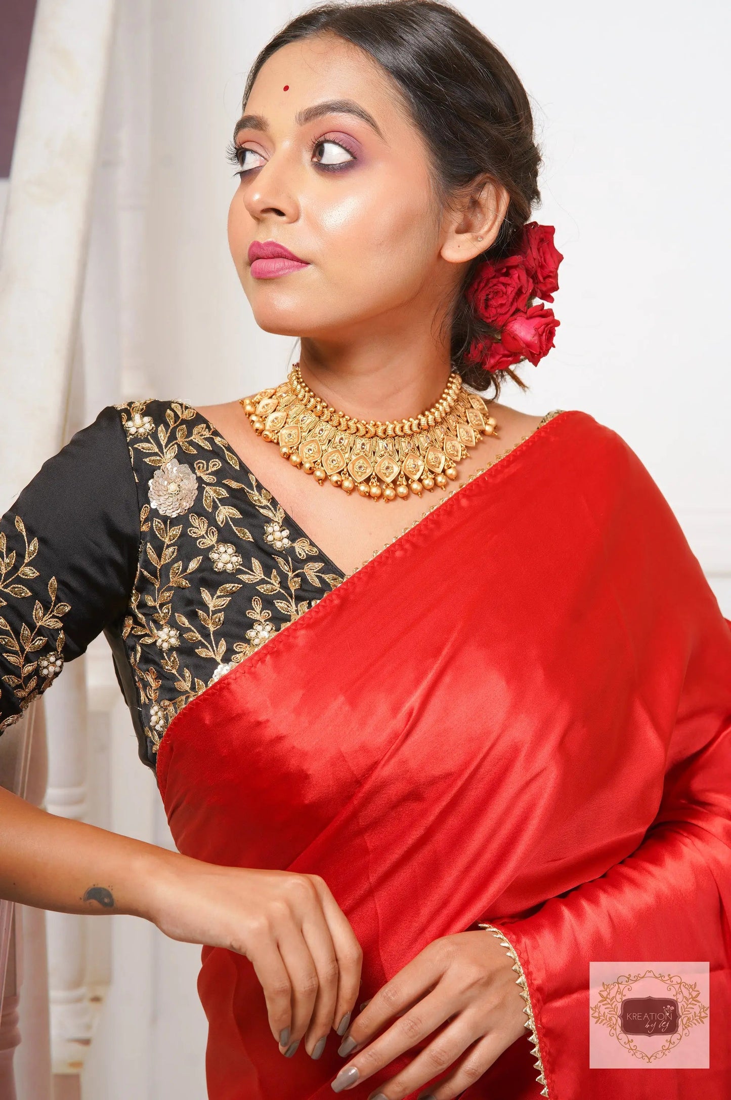 Red Satin Silk Taj Mahal Saree kreationbykj