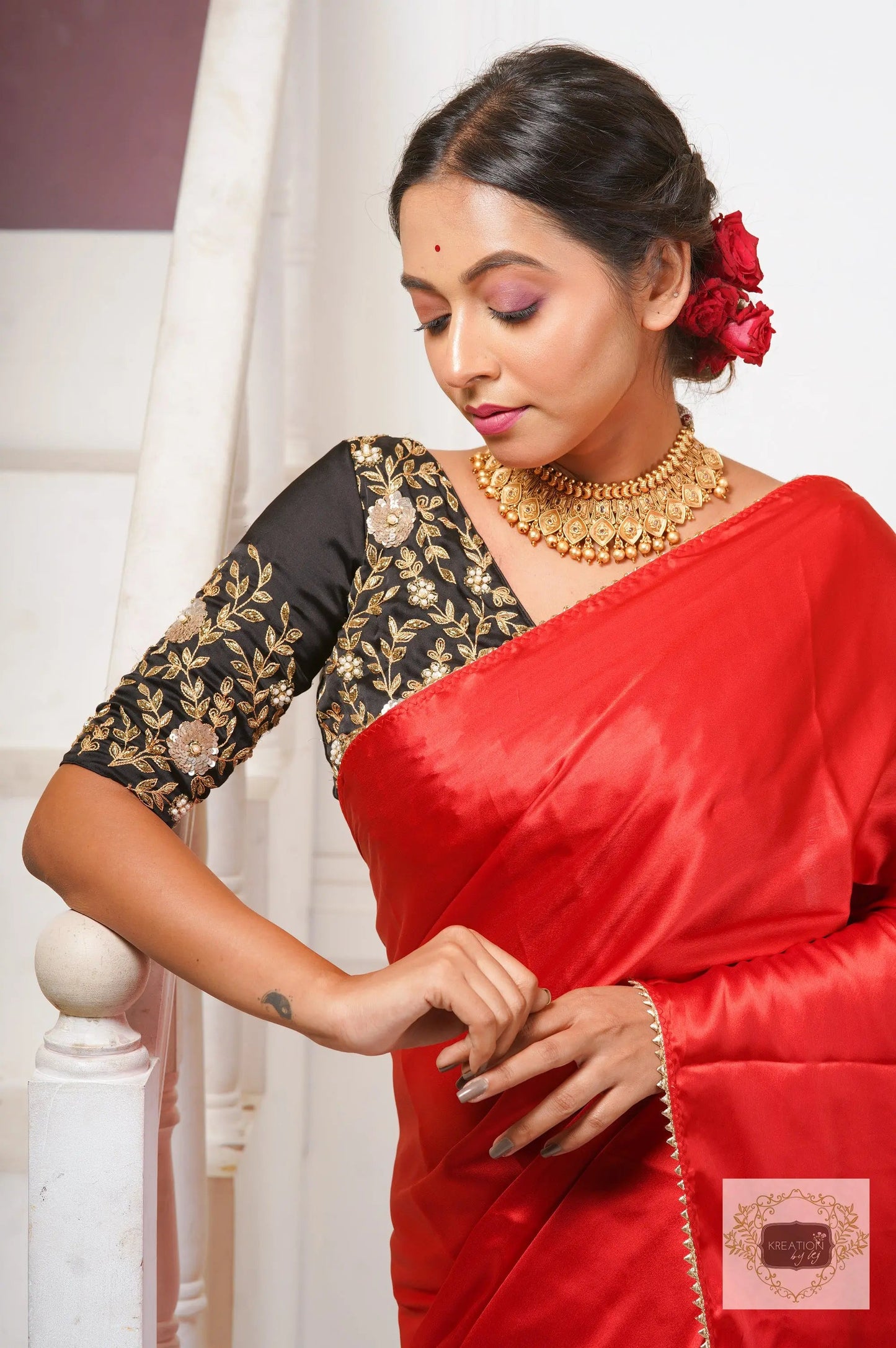 Red Satin Silk Taj Mahal Saree kreationbykj