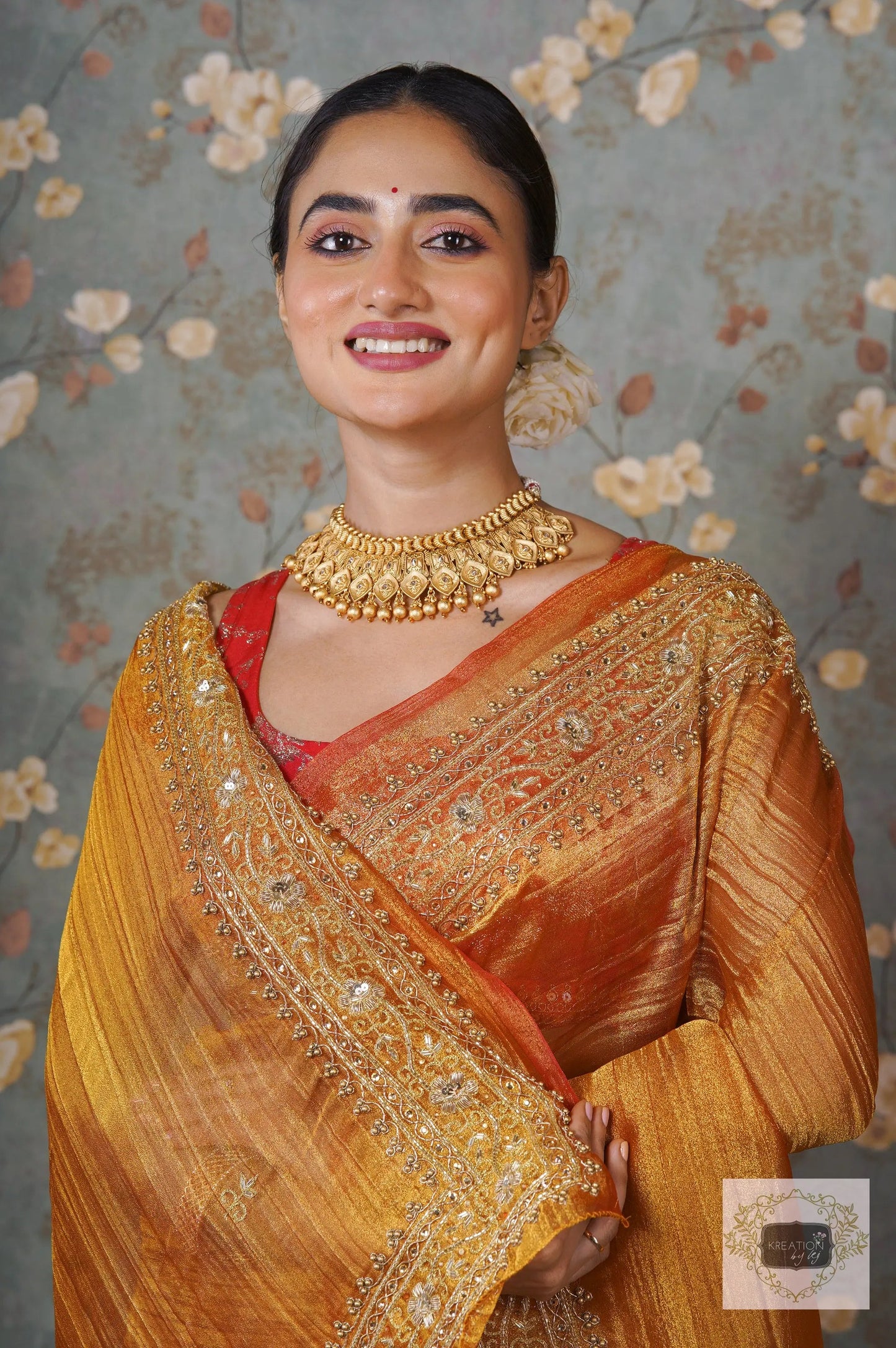 Fiery Gold Zari Tissue Zarina Saree kreationbykj