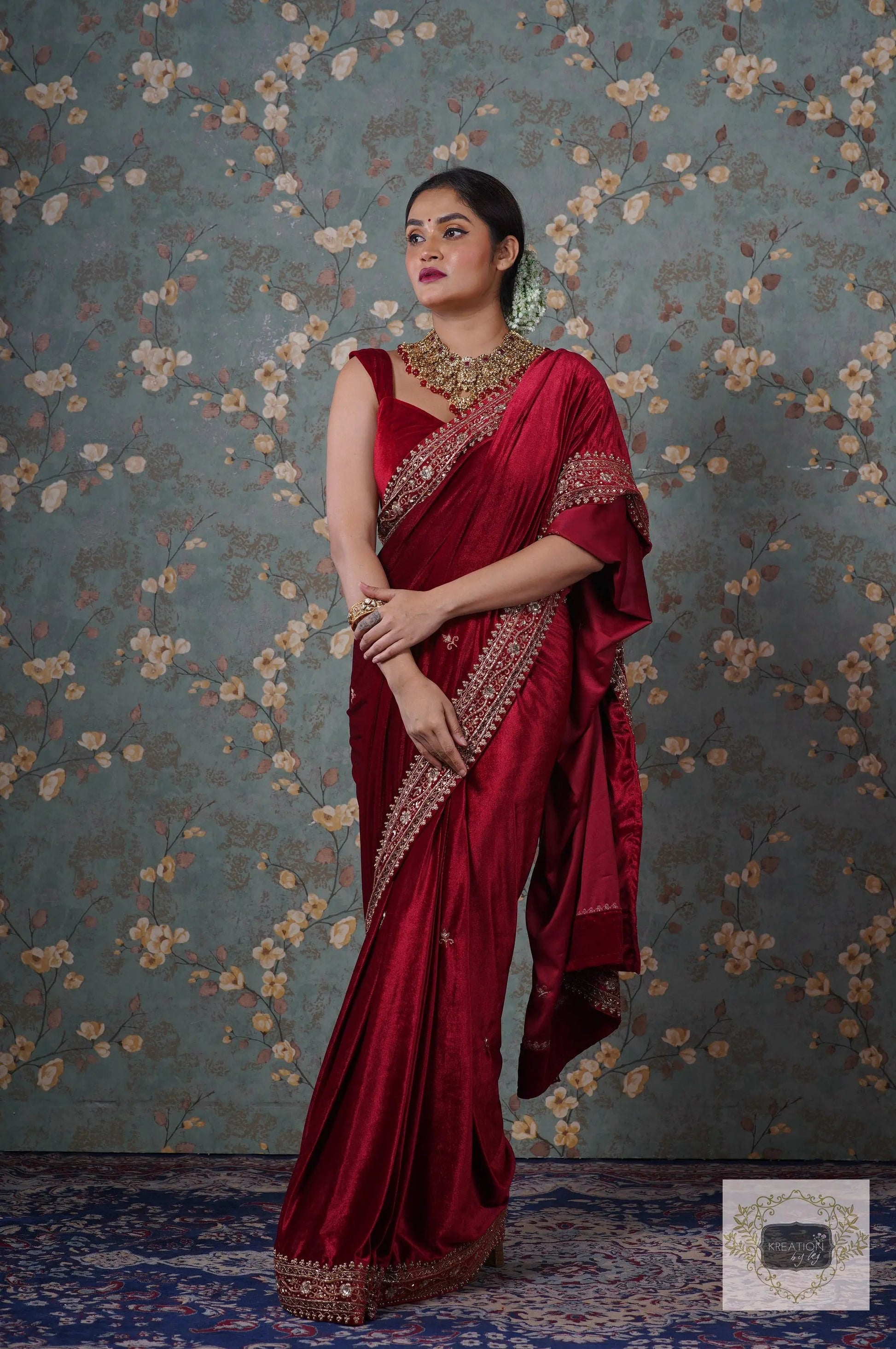 Maroon Velvet Zarina Saree-Wedding Sarees, Bridal Fashion kreationbykj
