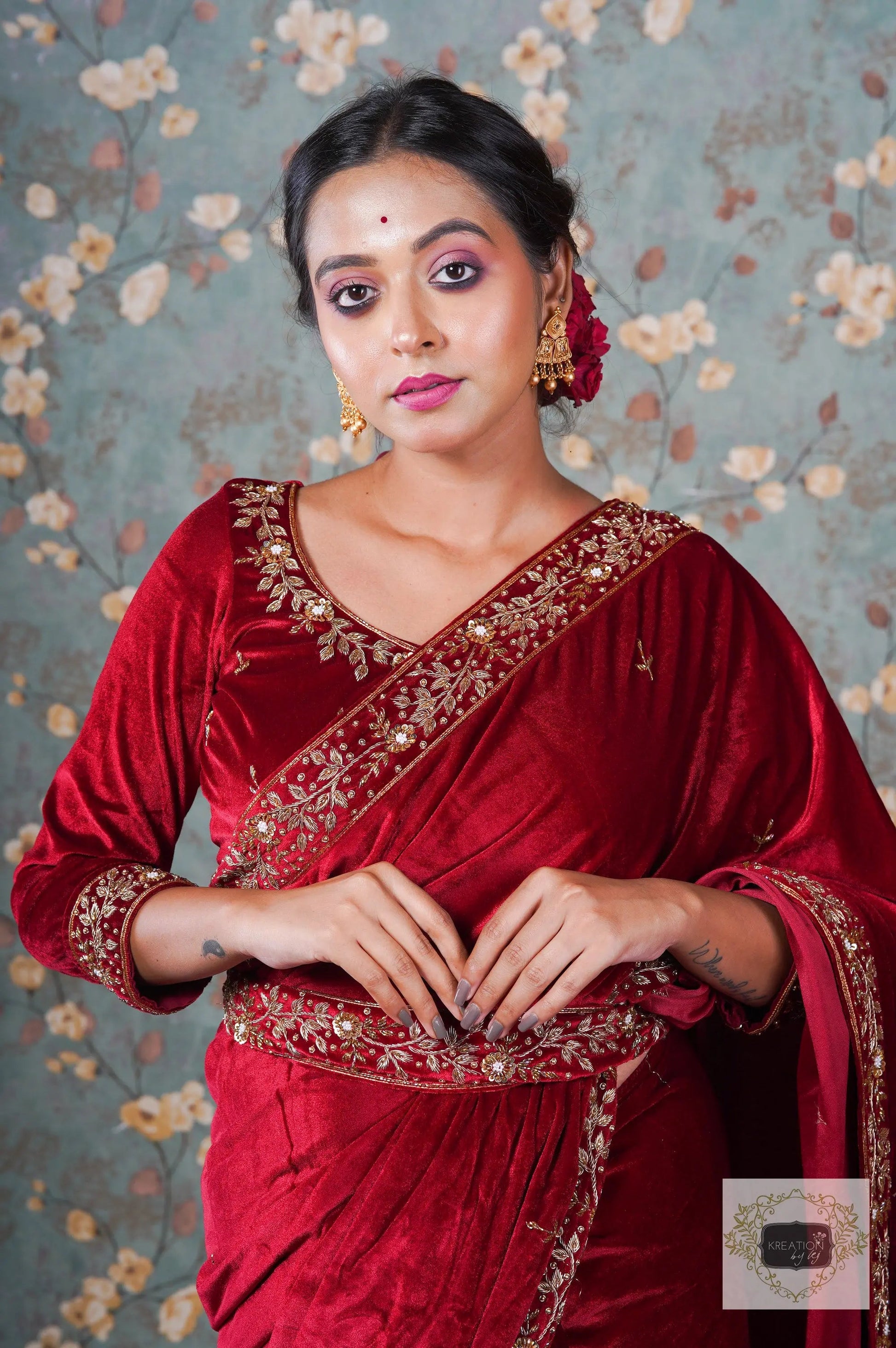 Anaya Maroon Velvet Saree kreationbykj