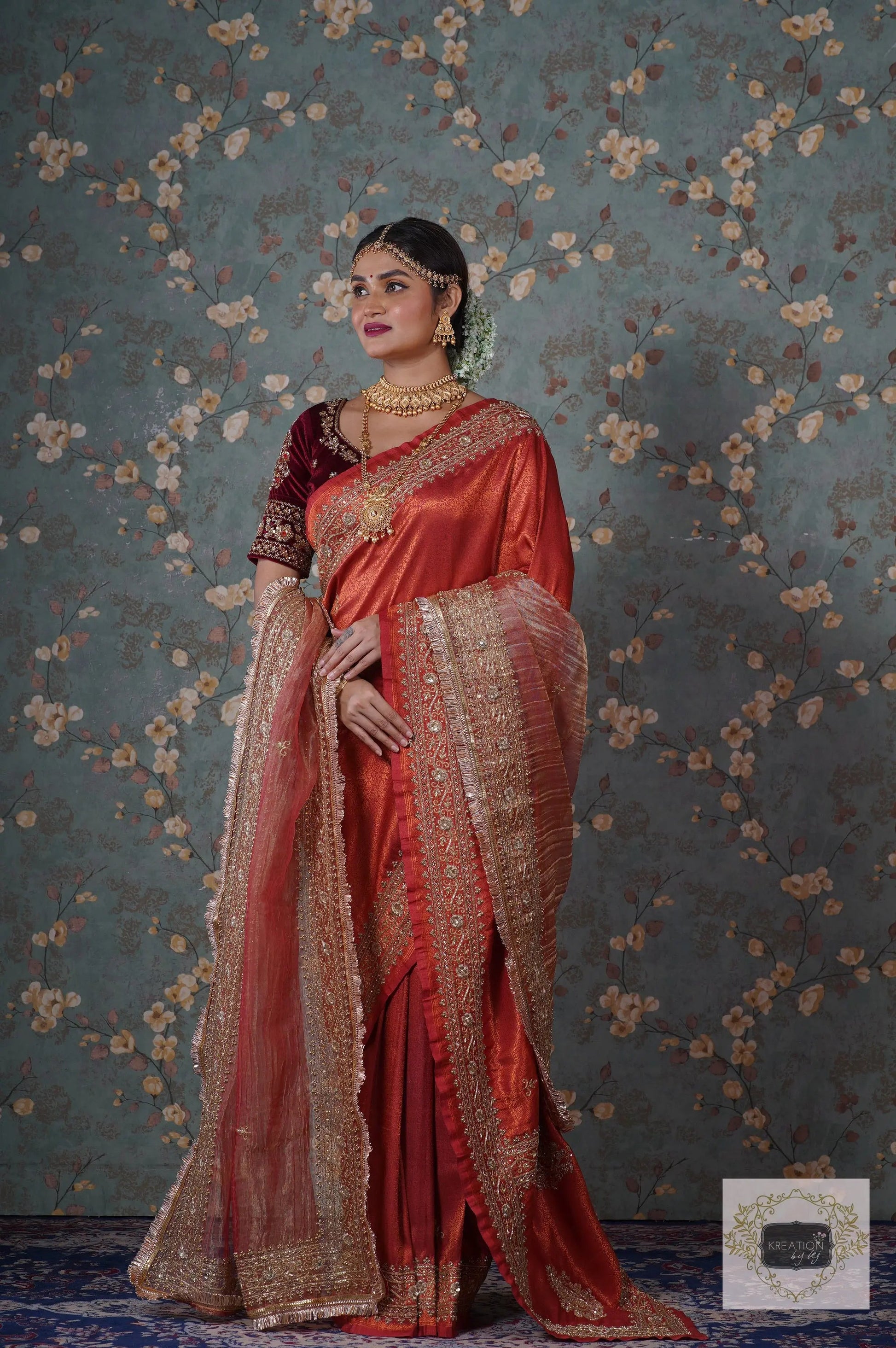 Rust Banarasi Zarina Saree kreationbykj