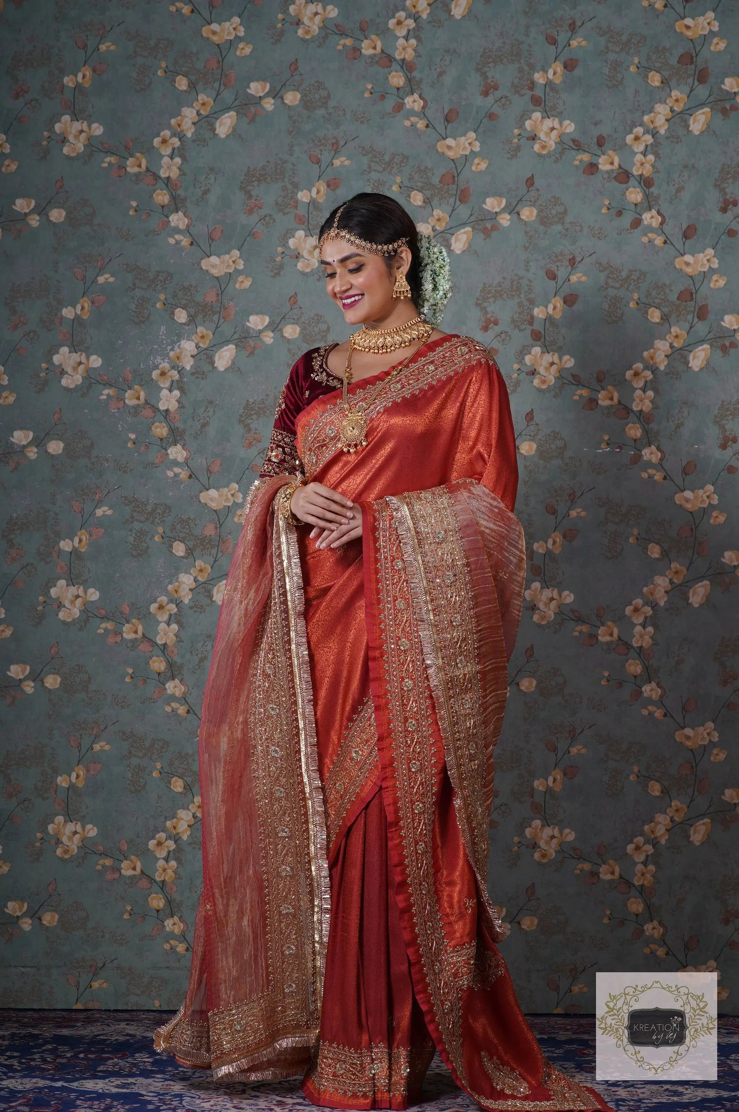 Rust Banarasi Zarina Saree kreationbykj
