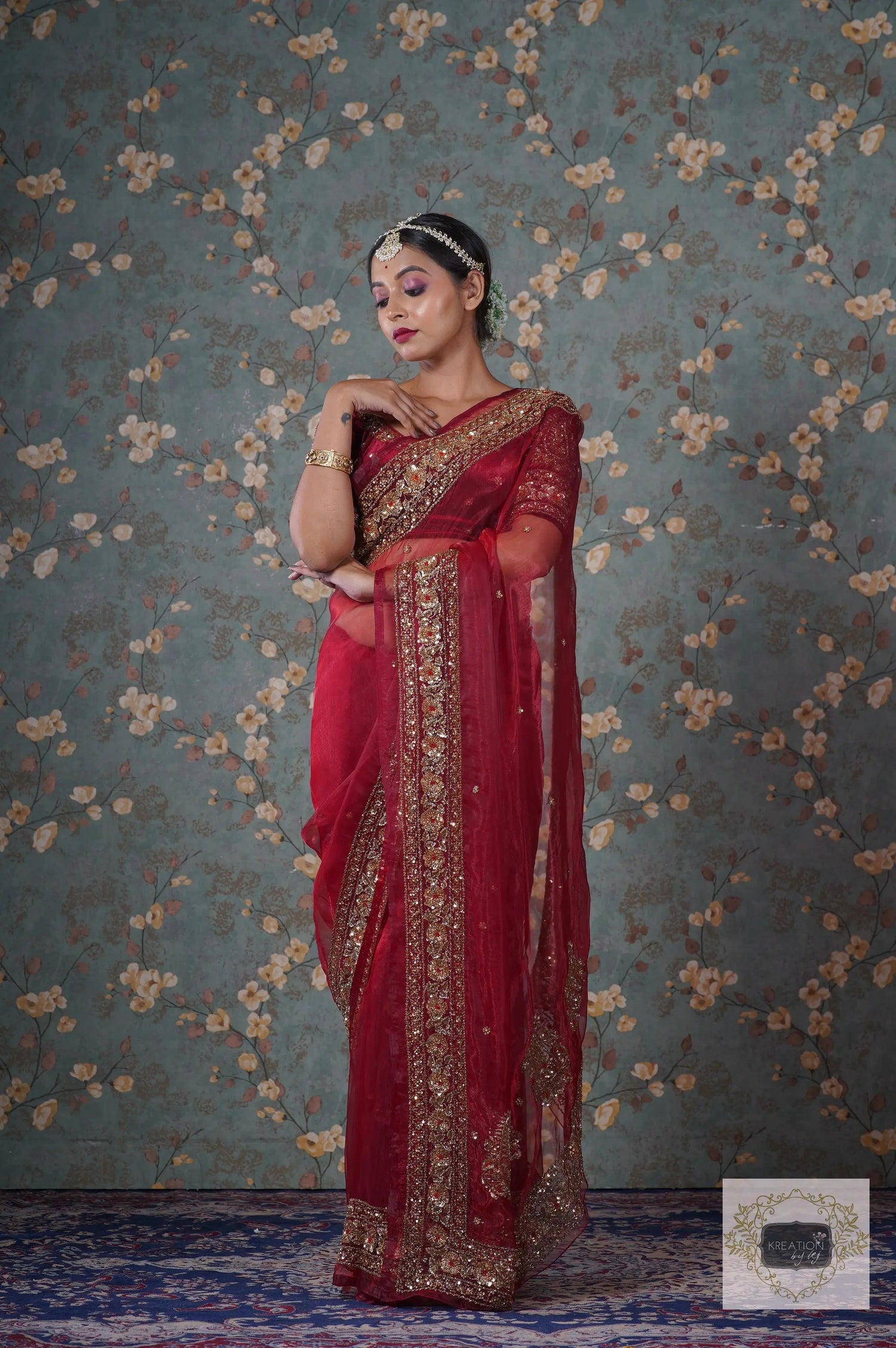 Red Glass Tissue Prajoti Saree kreationbykj