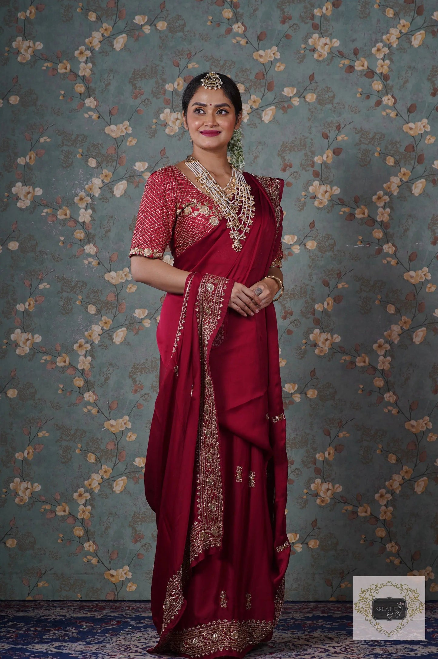 Zarina Maroon Crepe Silk Saree kreationbykj