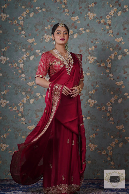 Zarina Maroon Crepe Silk Saree kreationbykj
