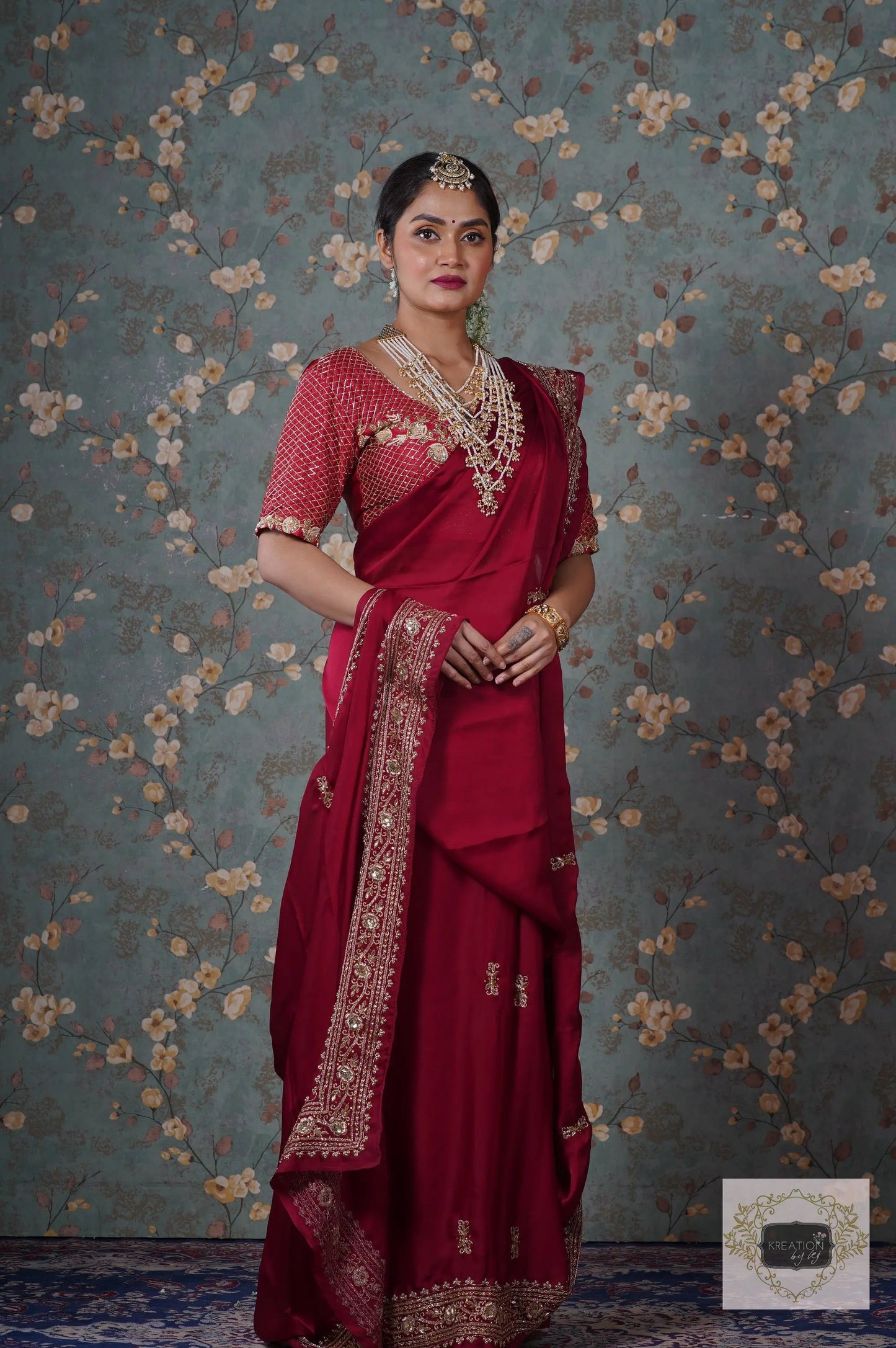 Zarina Maroon Crepe Silk Saree kreationbykj