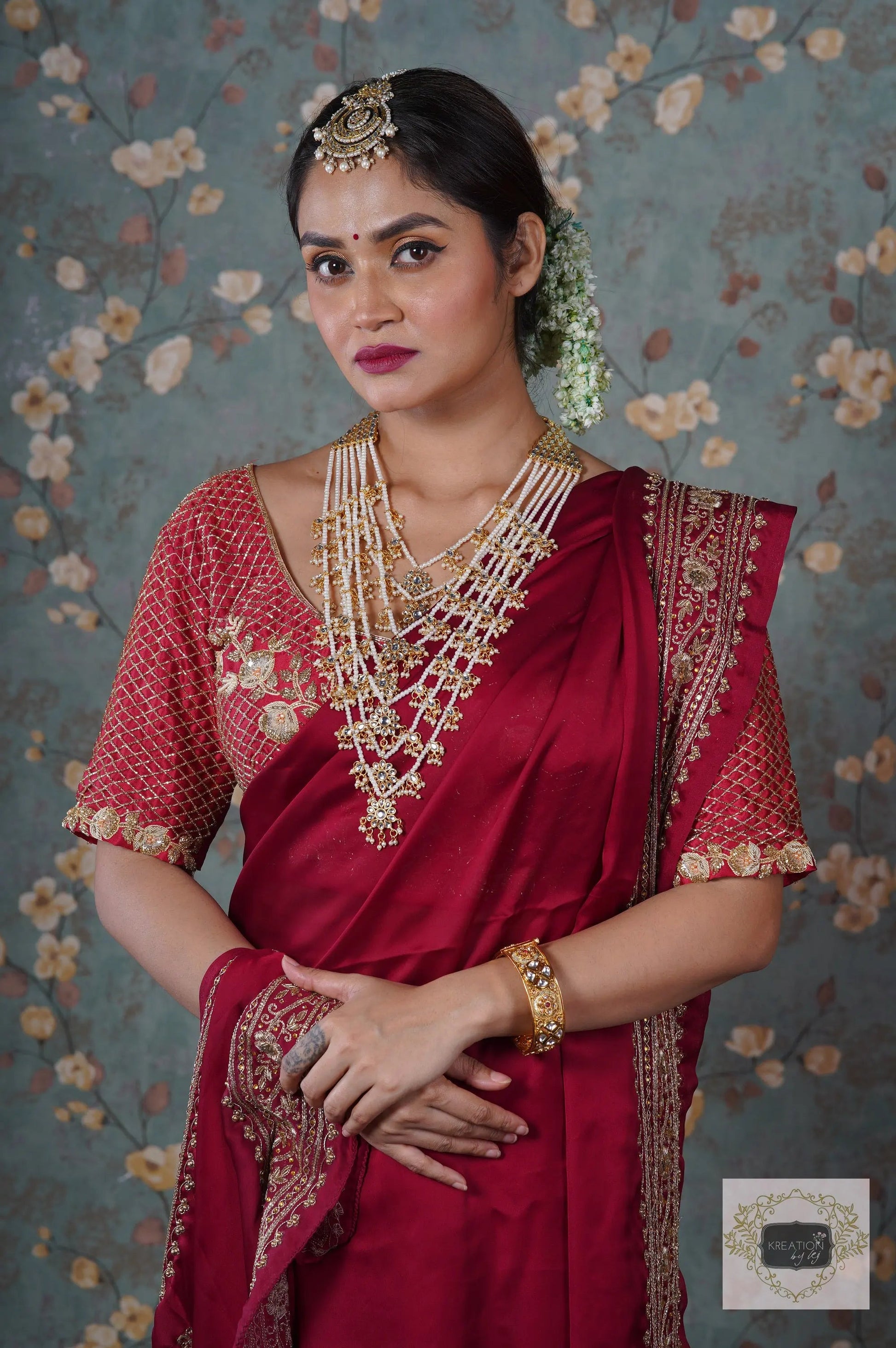 Zarina Maroon Crepe Silk Saree kreationbykj