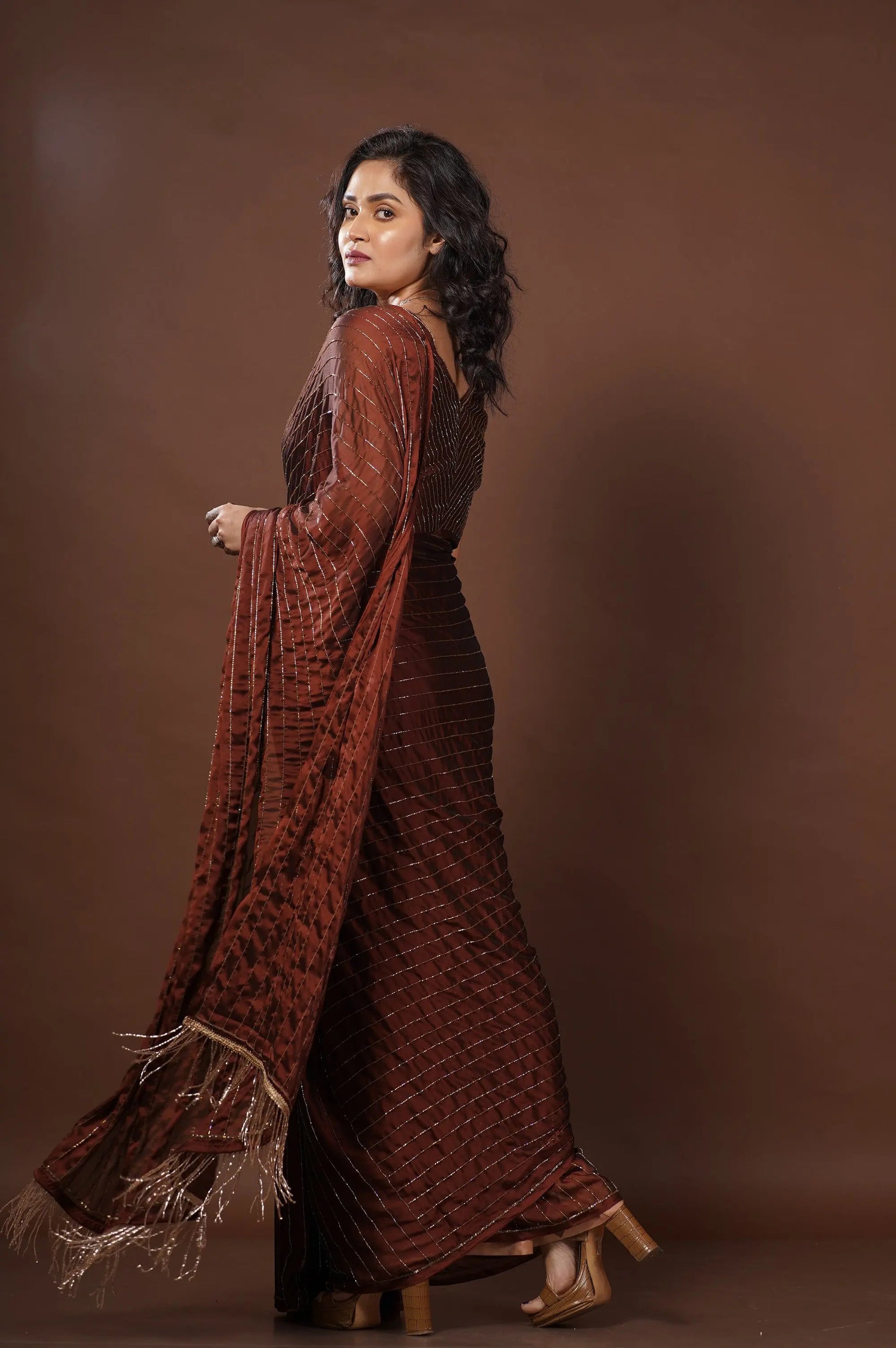 Coffee Brown Noorani Georgette Cocktail Saree kreationbykj