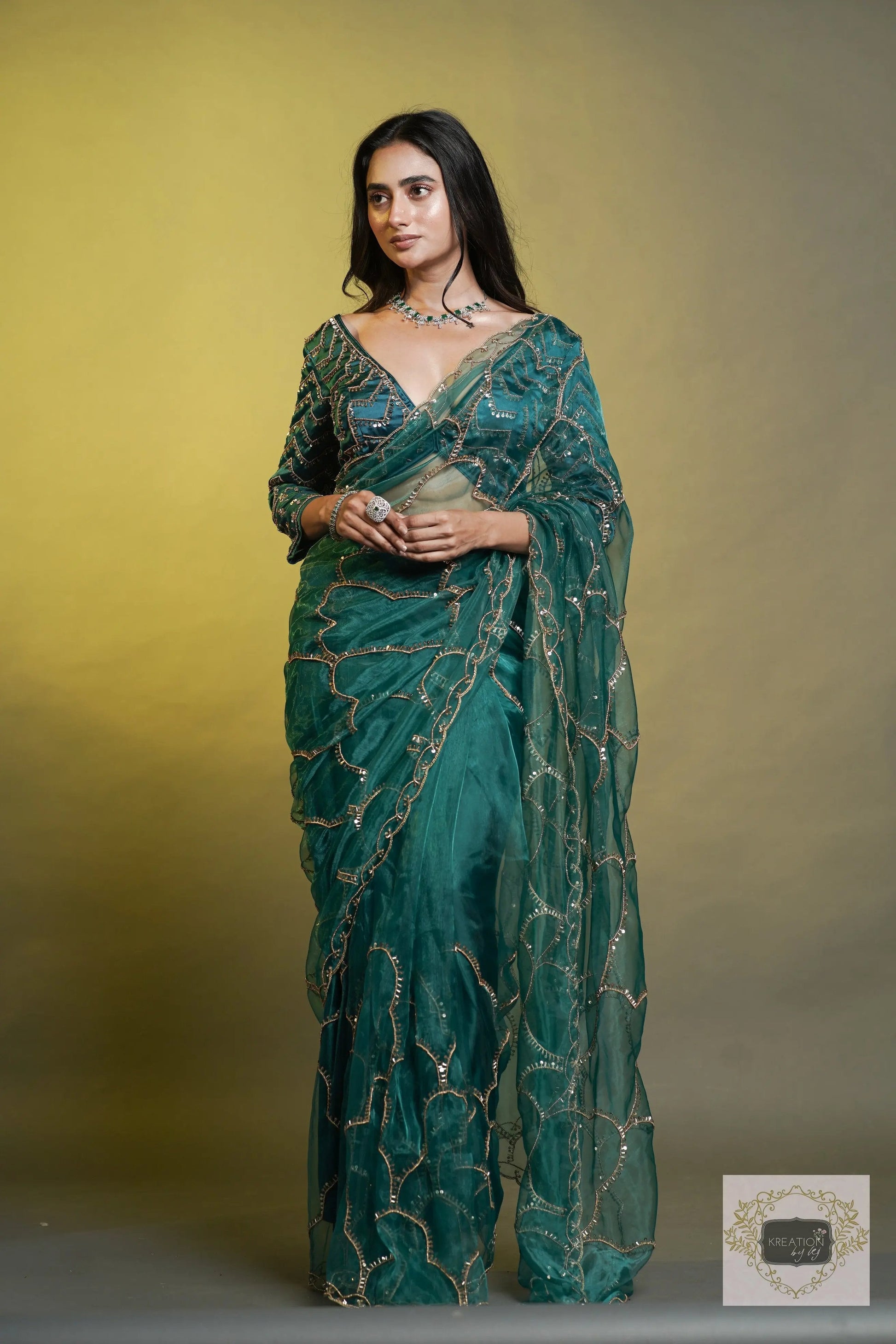 Chaudhvin ka Chand Teal Blue Saree kreationbykj