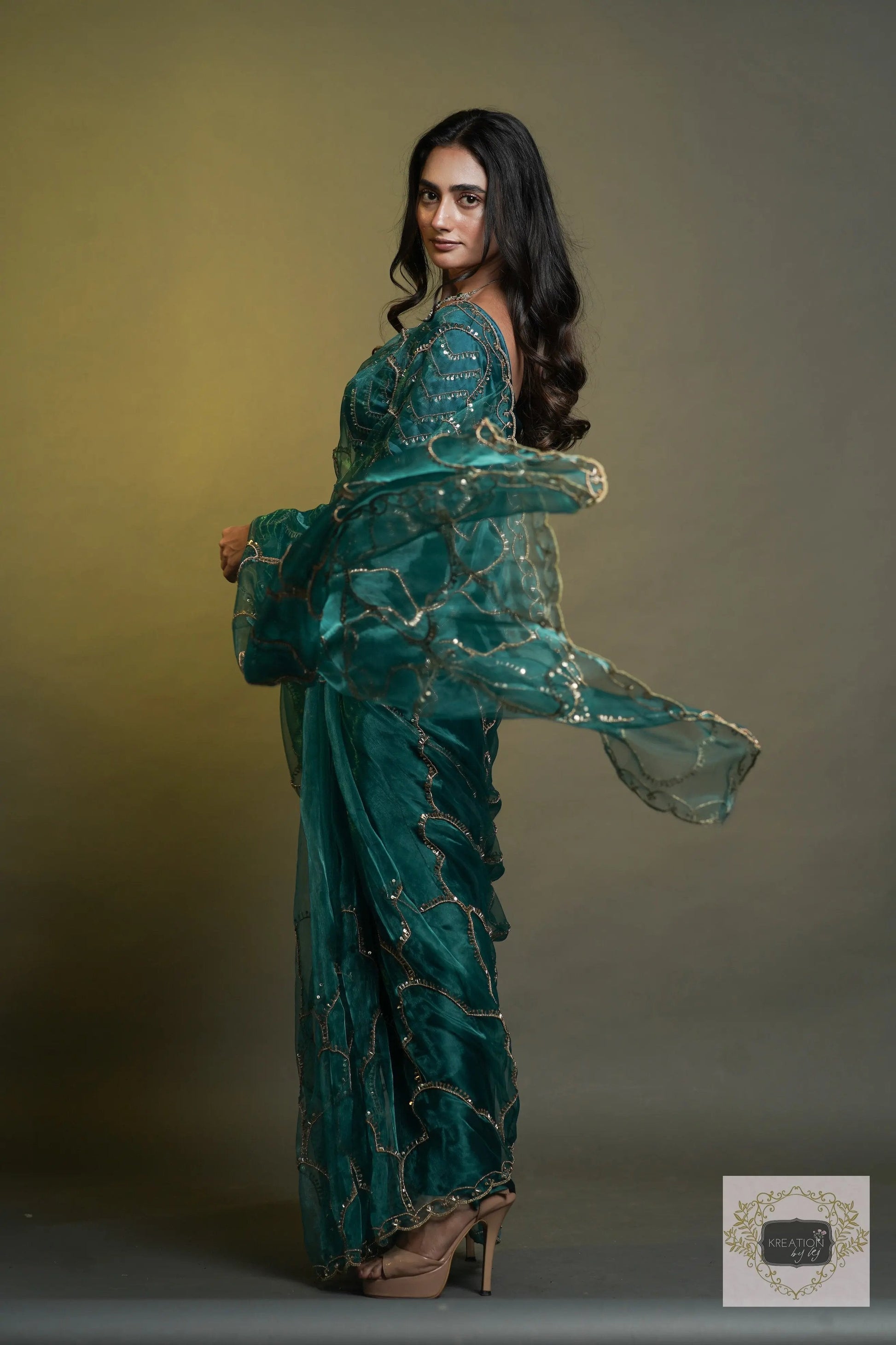 Chaudhvin ka Chand Teal Blue Saree kreationbykj