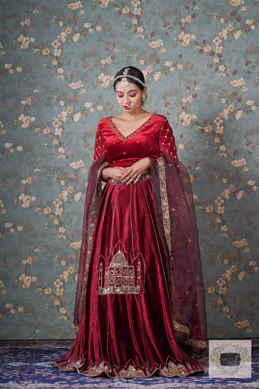 Burgundy Velvet Taj Mahal Lehenga Set kreationbykj
