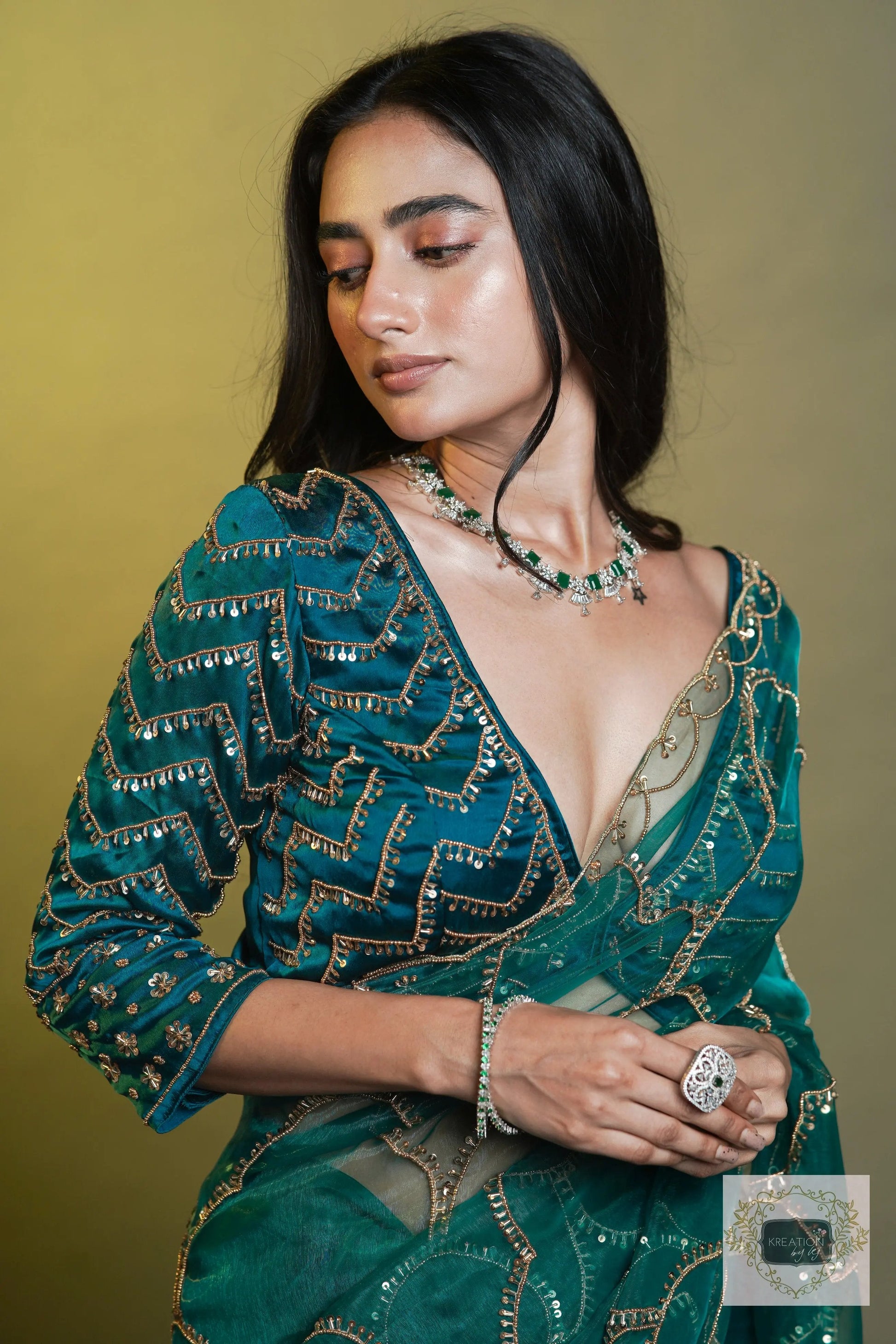 Chaudhvin ka Chand Teal Blue Saree kreationbykj