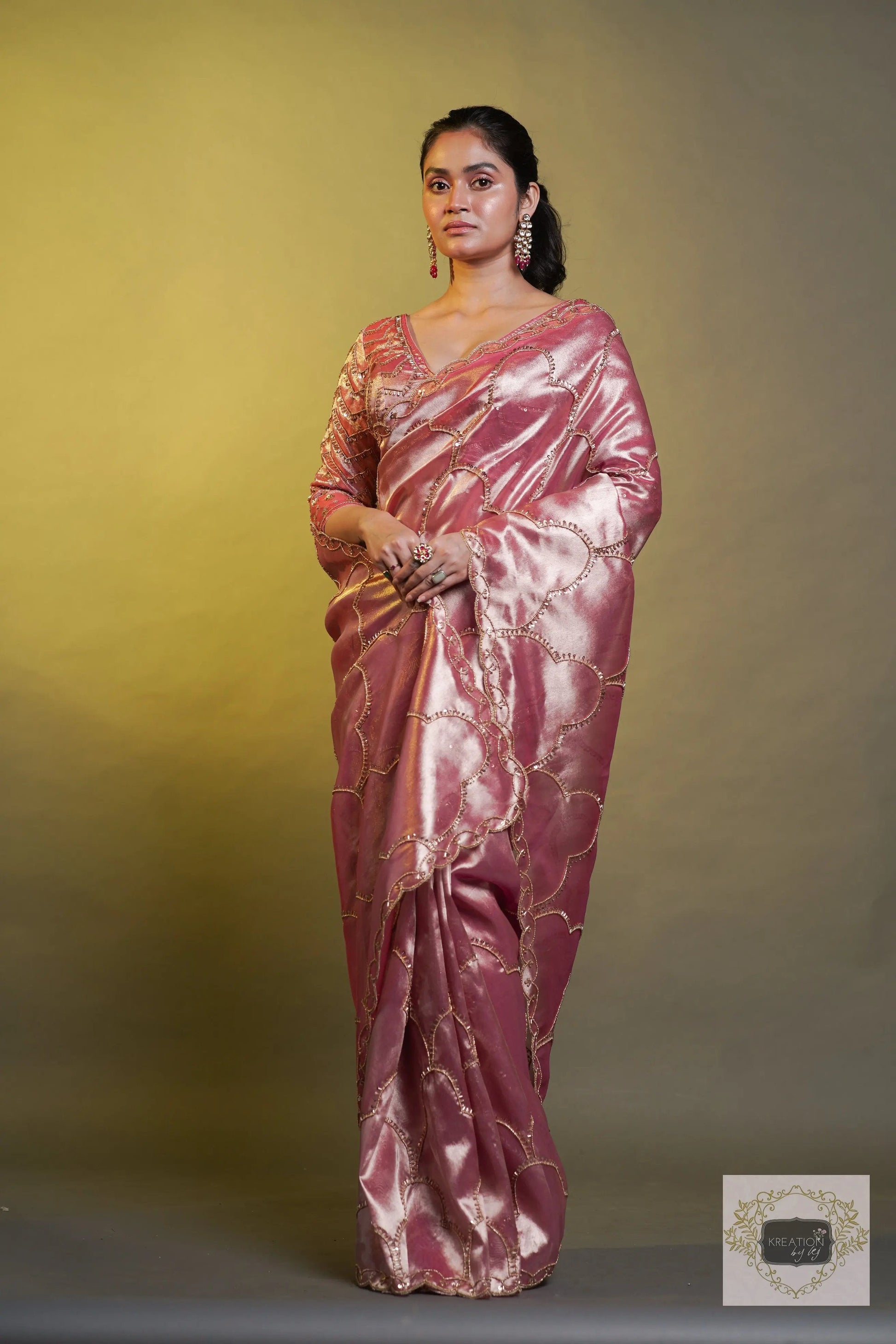 Chaudhvin ka Chand Pink Tissue Saree kreationbykj