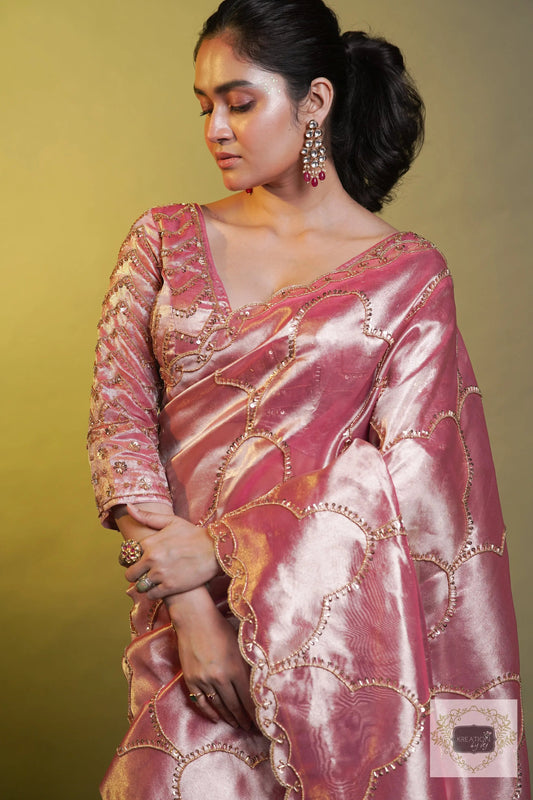 Chaudhvin ka Chand Pink Tissue Saree kreationbykj