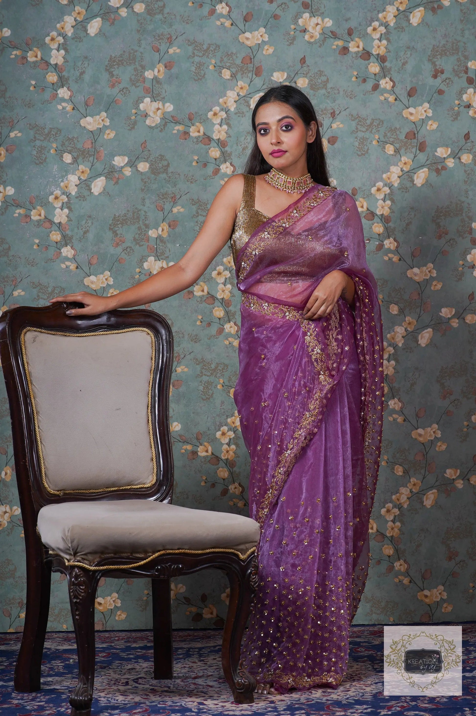Purple Glass Tissue Badan Pe Sitare Saree kreationbykj