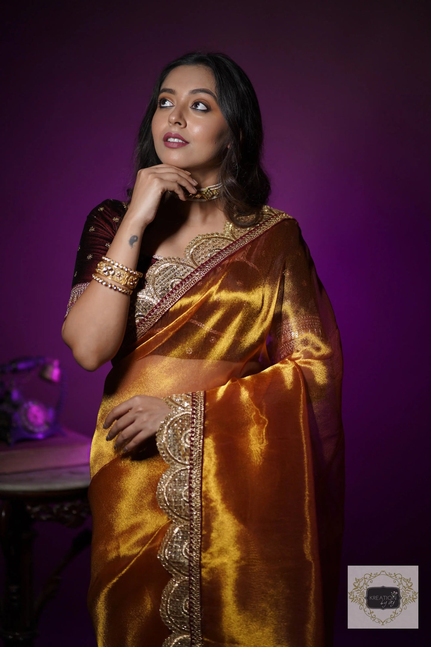 Fiery Gold Zari Tissue Mehraab Border Saree kreationbykj