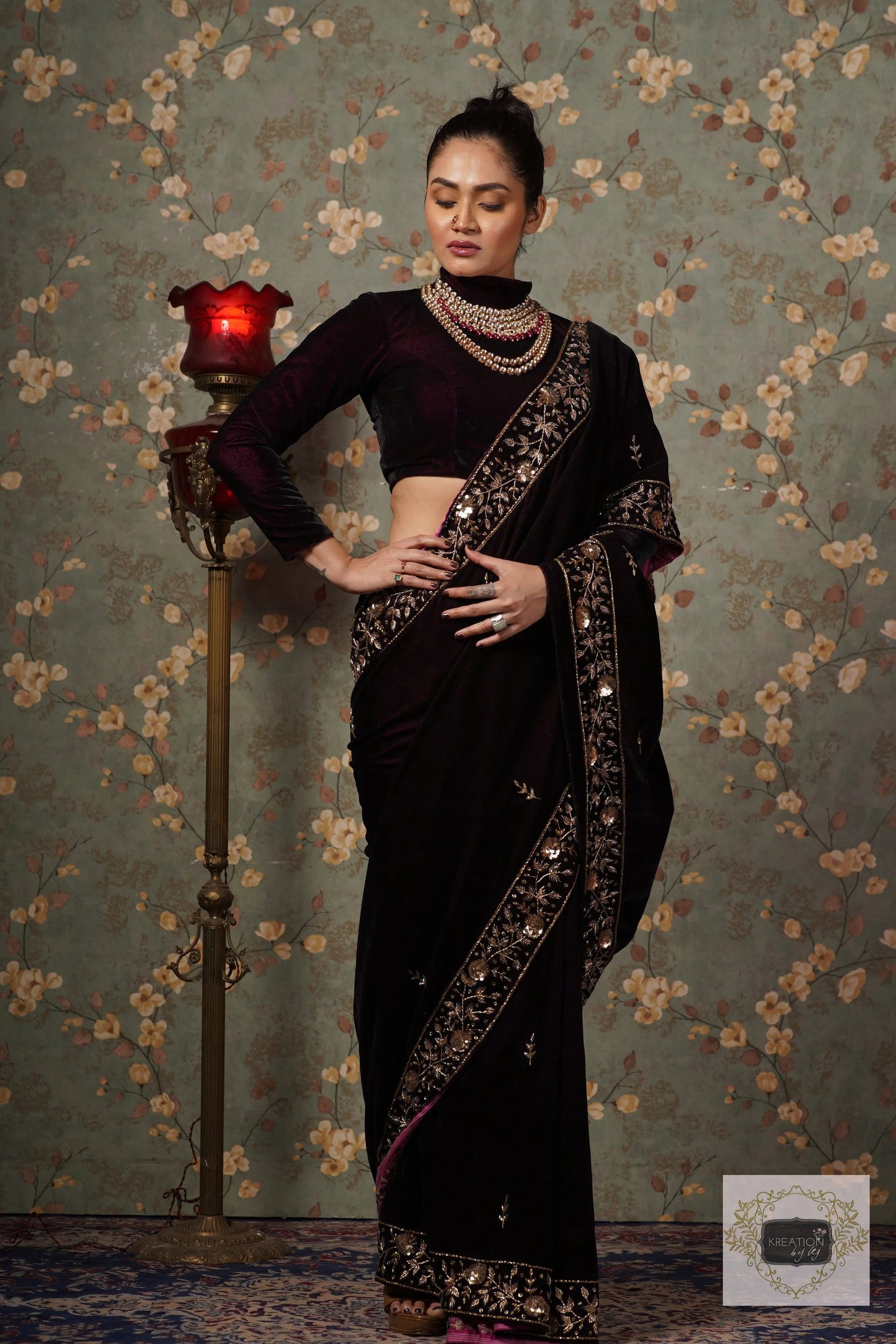 Dark Wine Velvet Anaya Saree kreationbykj
