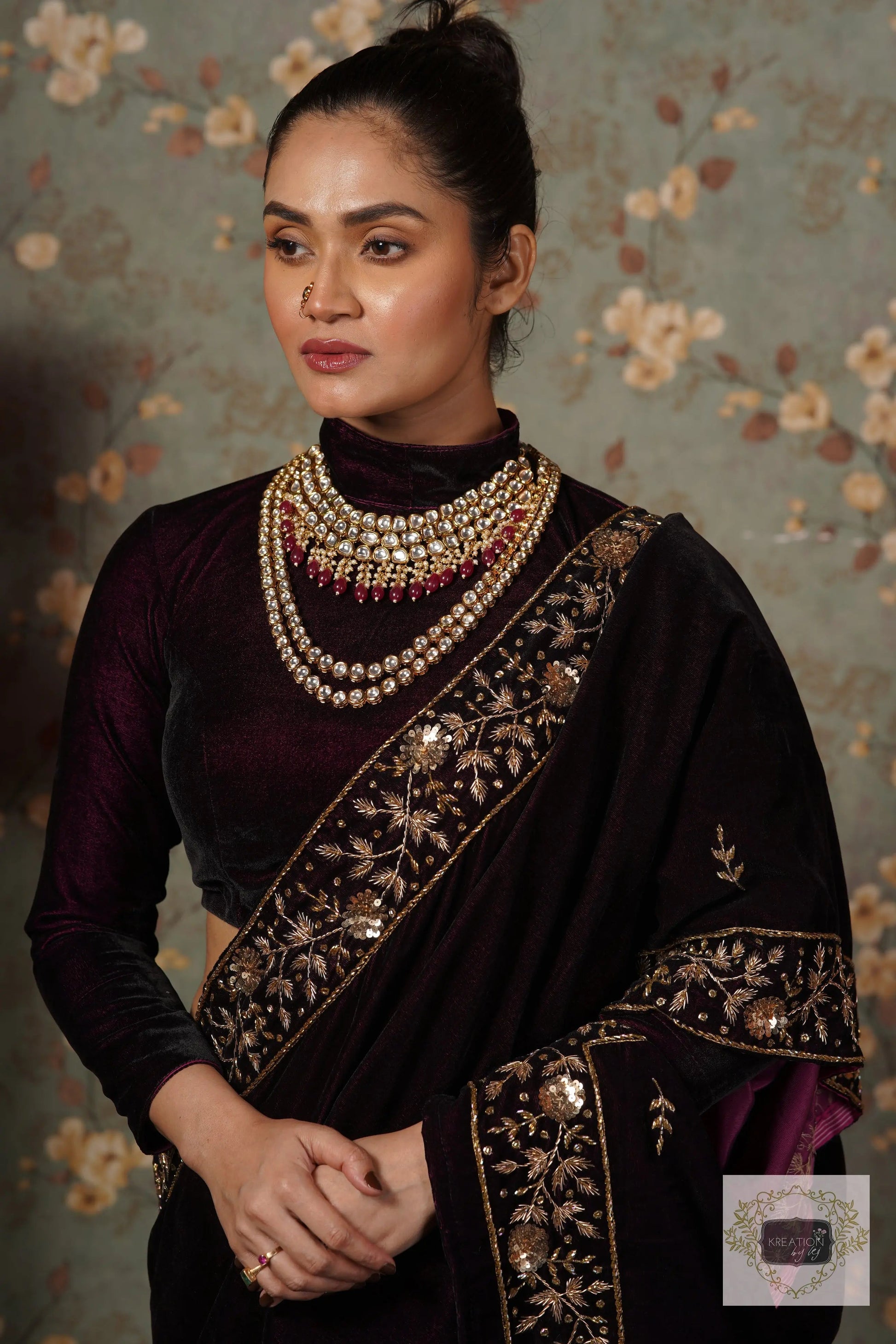 Dark Wine Velvet Anaya Saree kreationbykj