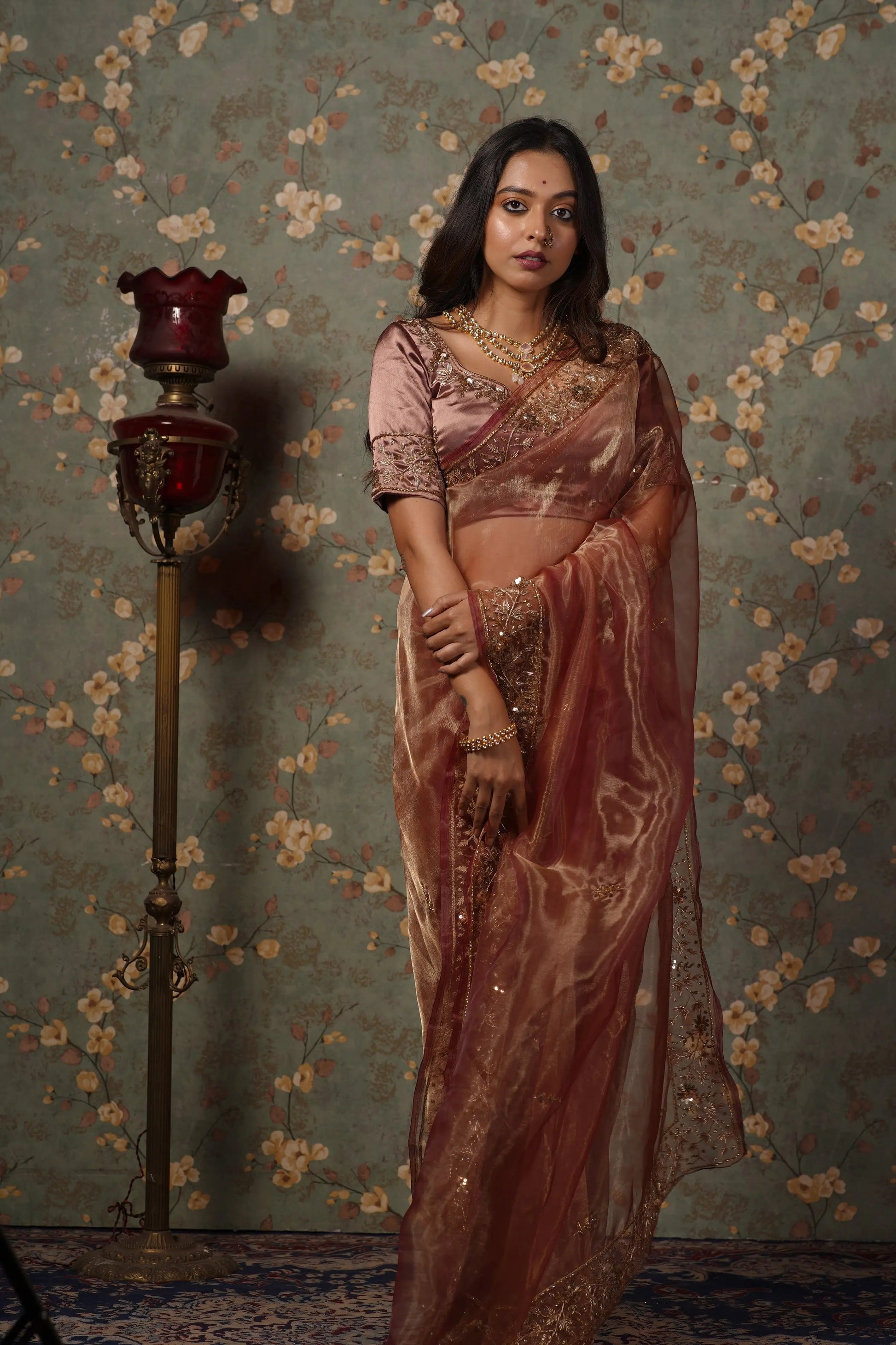 Rose Beige Glass Tissue Anaya Saree kreationbykj