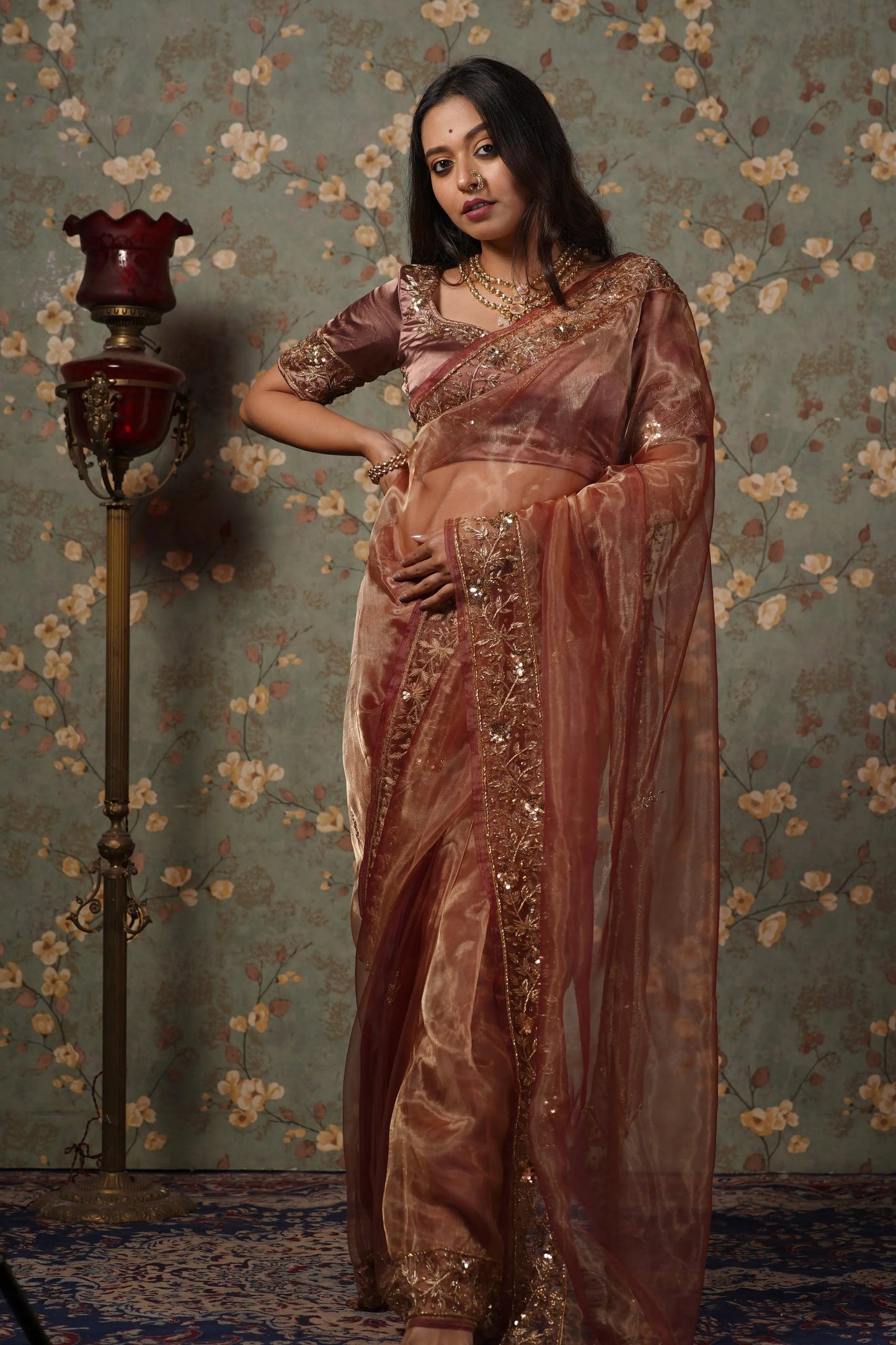 Rose Beige Glass Tissue Anaya Saree kreationbykj